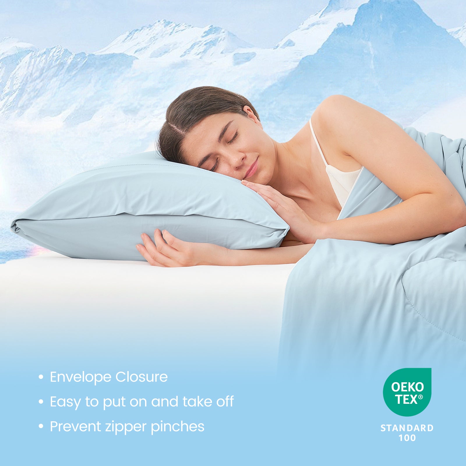 Cooling pillowcase, woman sleeping. Envelope closure, Oeko-Tex certified. Cozy bedding for better sleep. #color_Blue