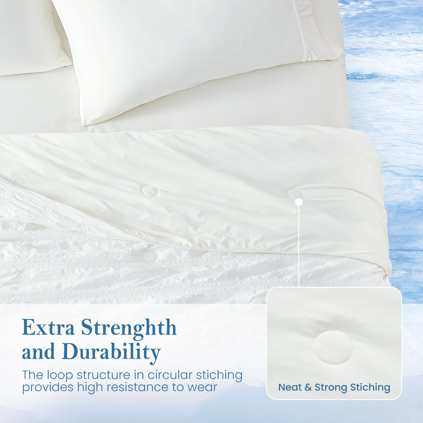 Top view of Cozy Bliss seersucker plaid cooling comforter with extra strength and durability.#Color_White Plaid