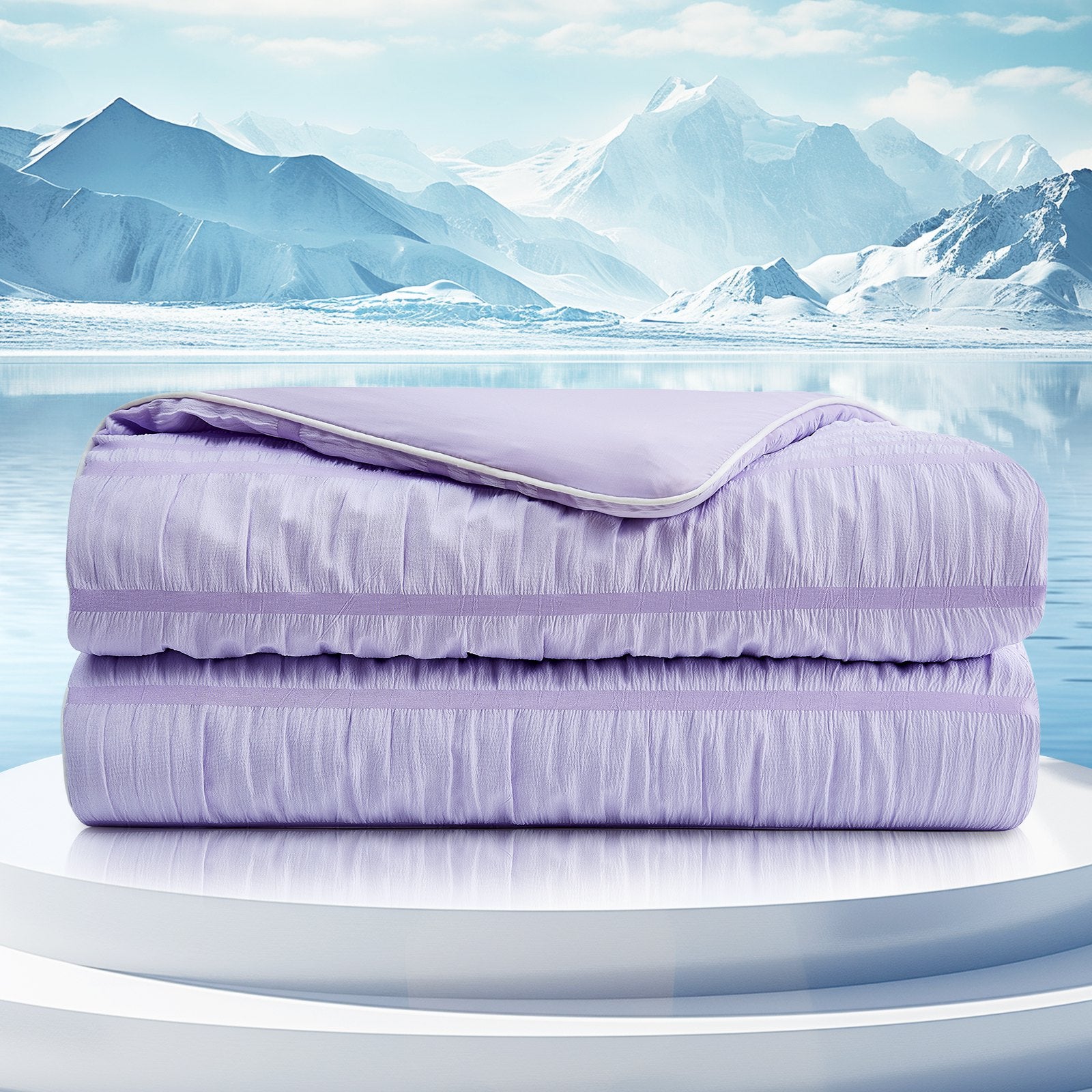 Cozy Bliss Lavender Cooling Comforter. Breathable seersucker design for cool sleep. Soft blanket. #color_Purple