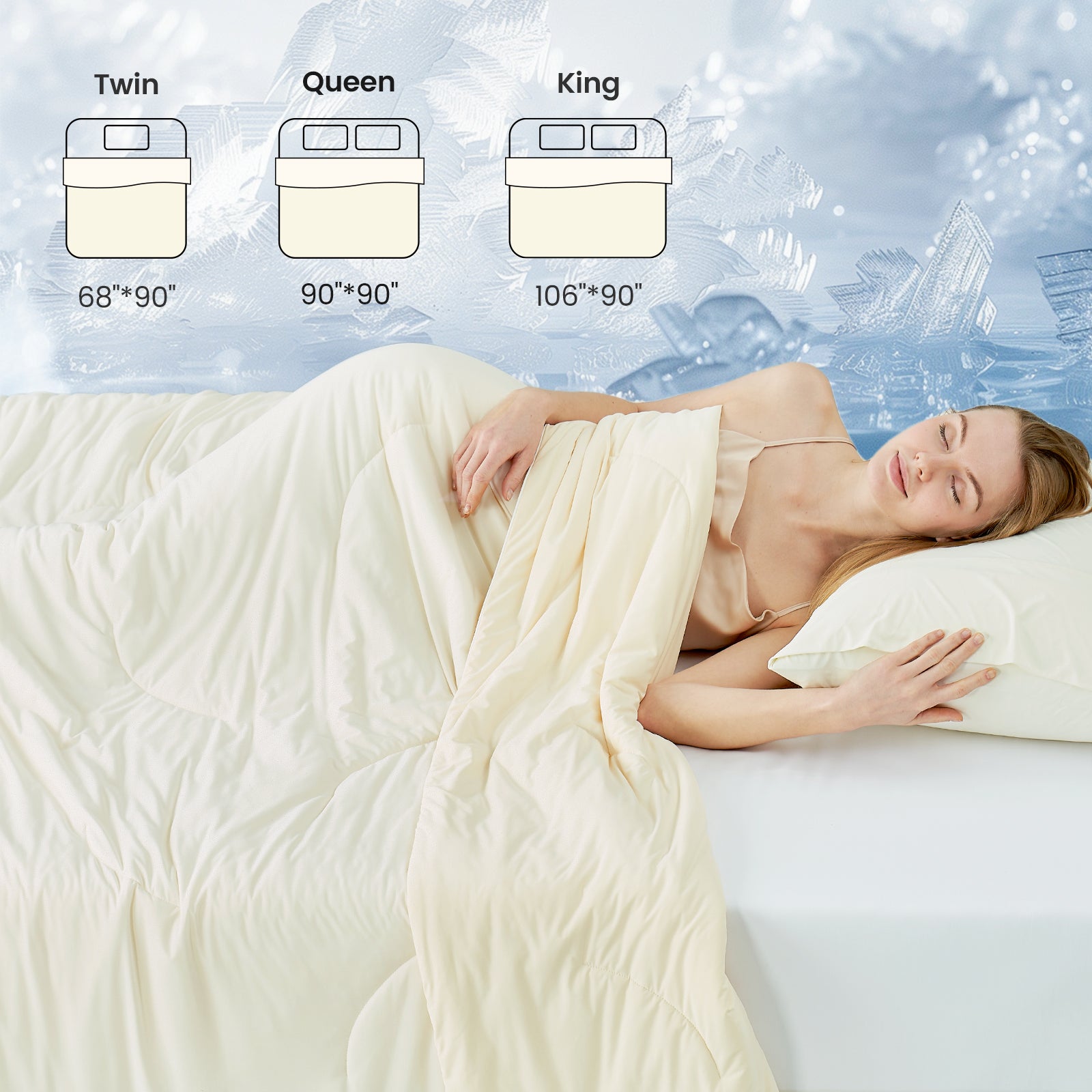 Cozy Bliss Cooling Comforter in Snow Ivory, sizes Twin, Queen, King, featuring a woman sleeping comfortably #Color_Snow Ivory