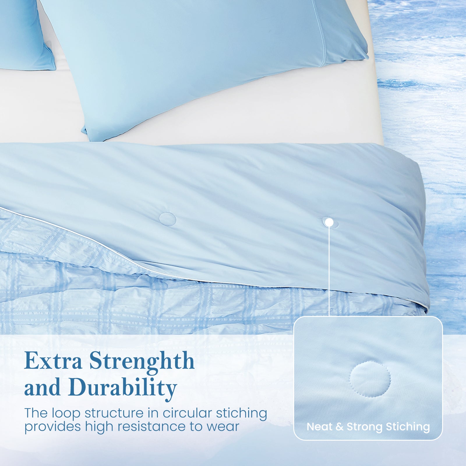 Top view of Cozy Bliss blue seersucker plaid cooling comforter with extra strength and durability.#Color_Blue Plaid