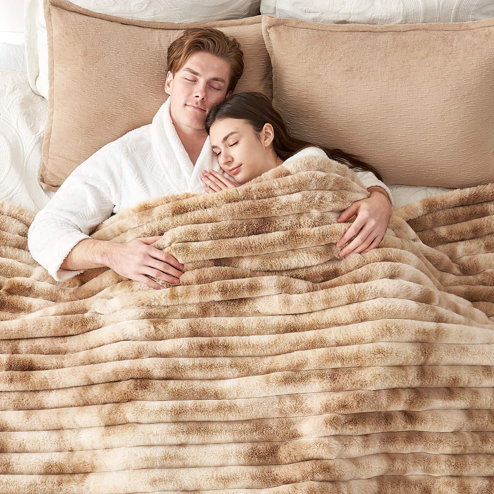 Couple sleeping under a cozy striped faux fur blanket, soft and breathable for comfortable sleep. #color_Tie-dye Khaki