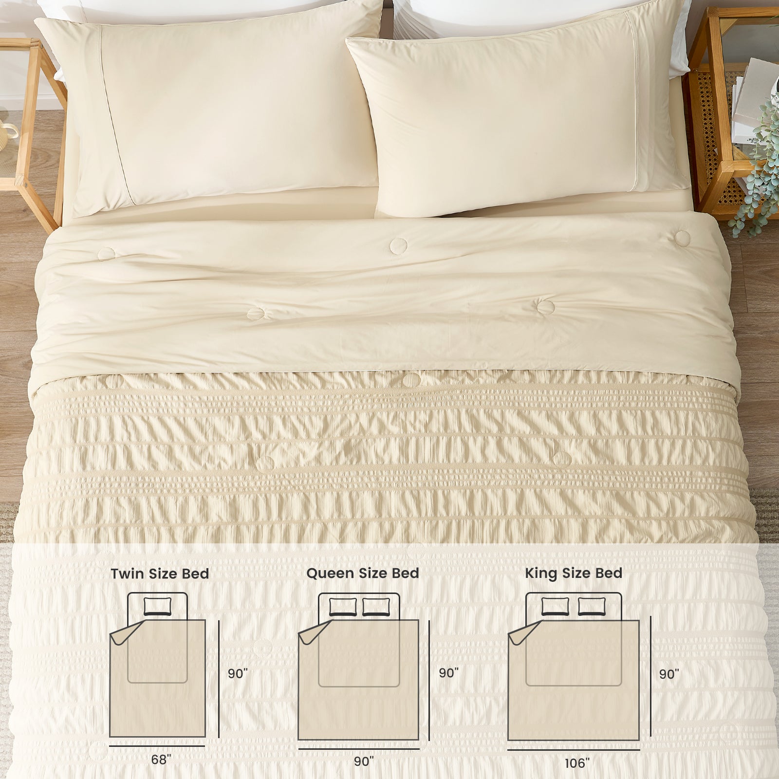 Top view khaki cooling comforter with size chart overlay, seersucker textured breathable bedding with dimensions.#color_khaki