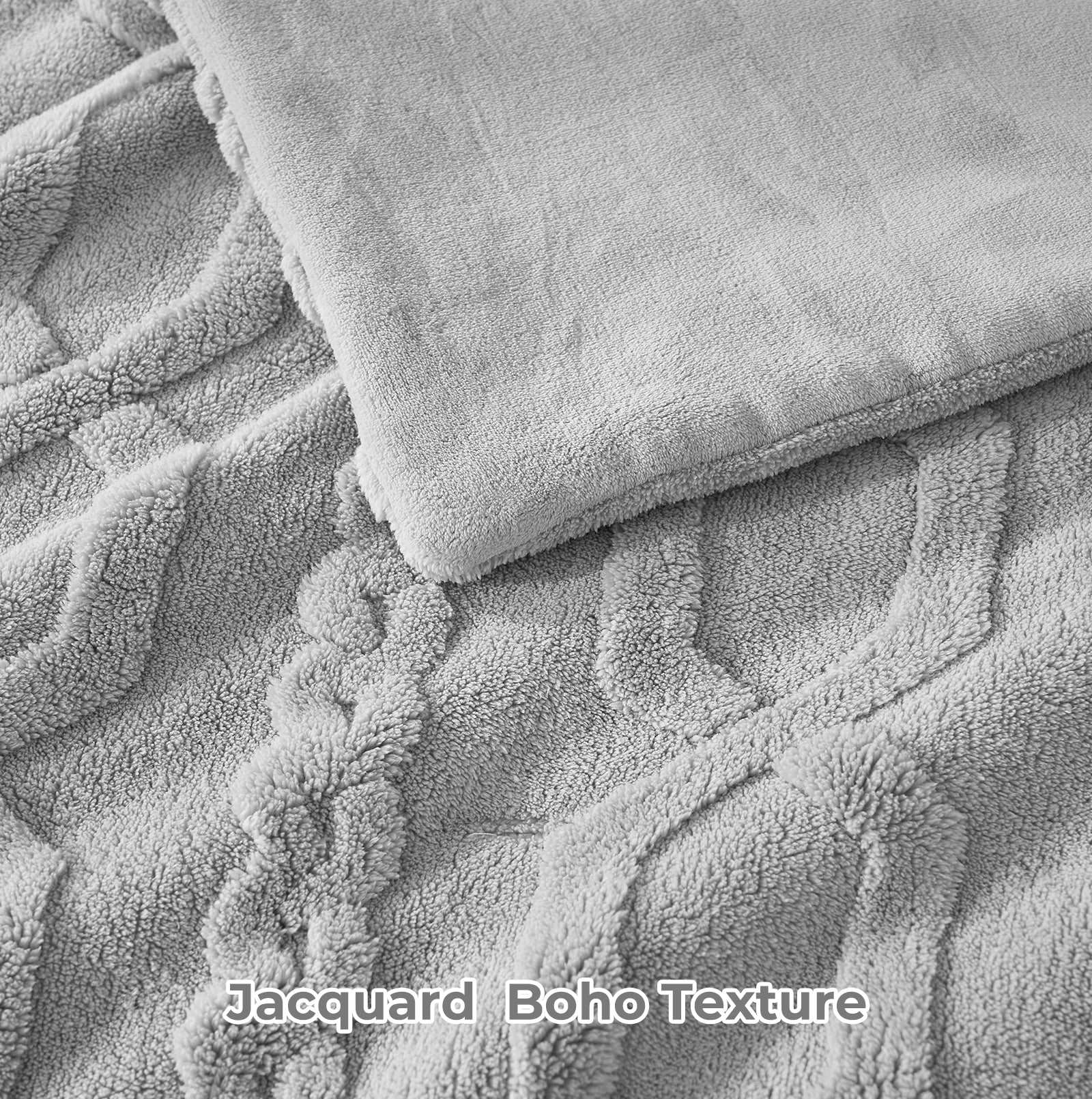 Gray Jacquard Boho Texture sherpa comforter set, soft and cozy. Premium comforters. #color_Light Grey