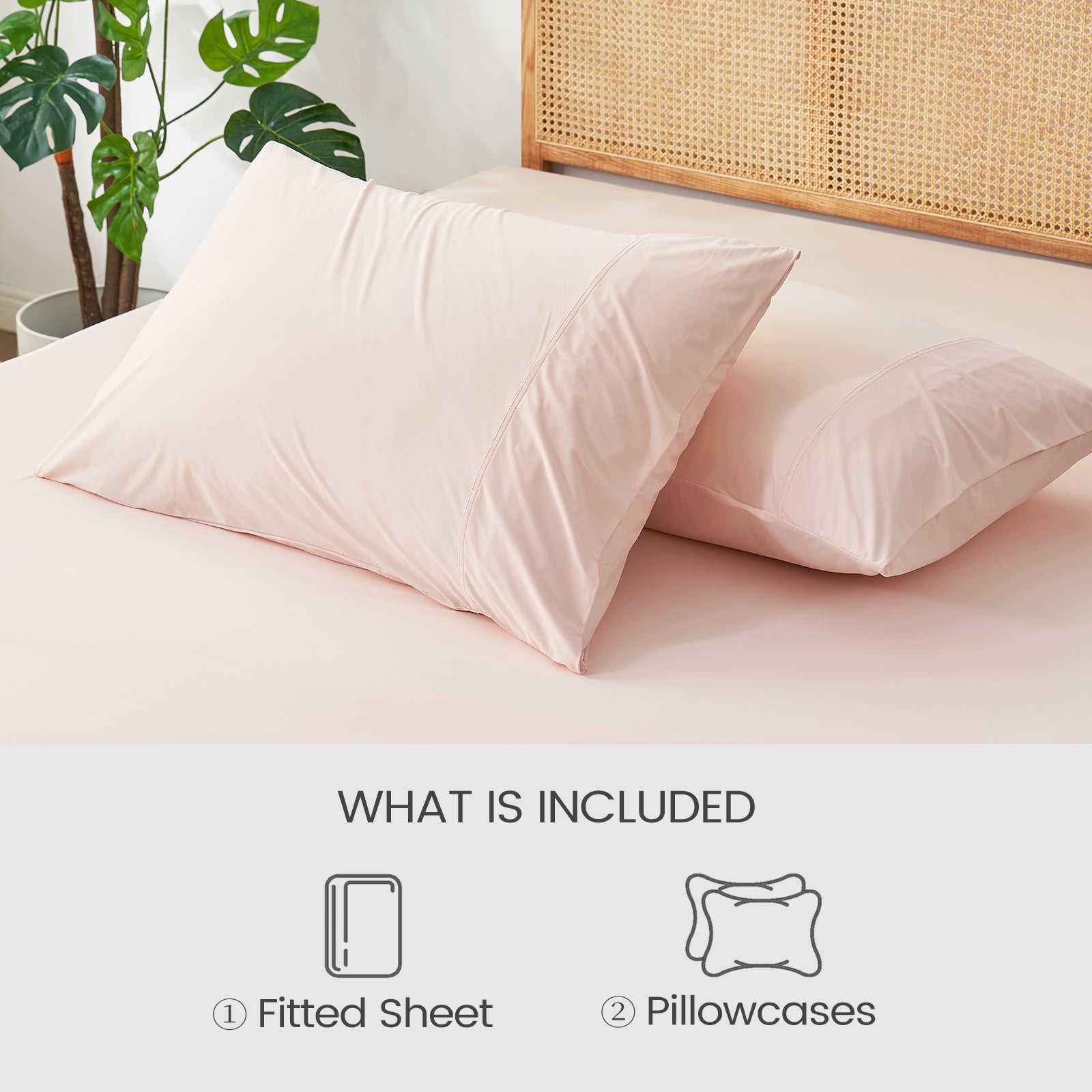 Blush pink cooling fitted sheet set with two pillowcases, part of Cozybliss bedding collection #Color_Pink