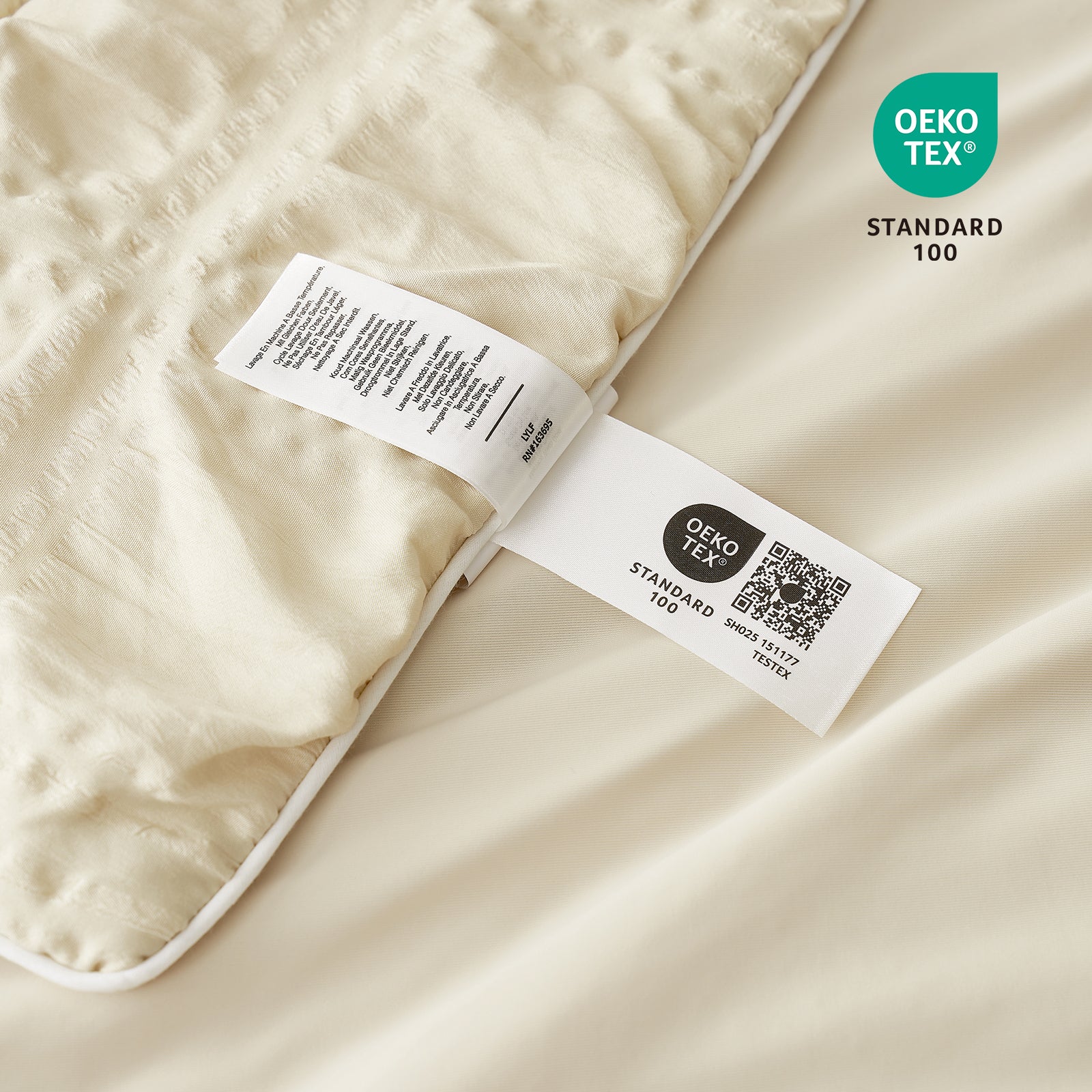 Close-up of a label on a beige fabric with OEKO-TEX Standard 100 certification. #color_Khaki