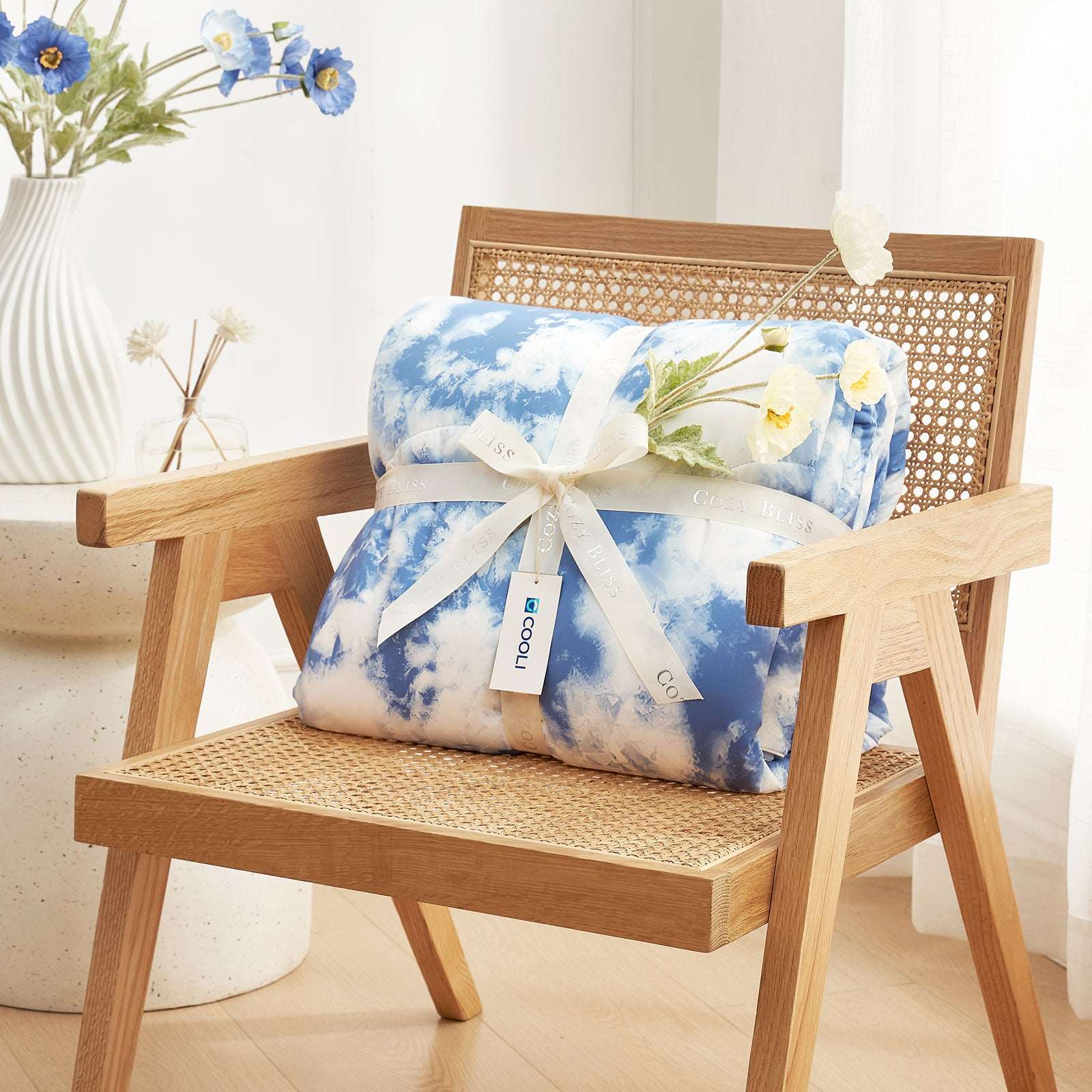 Cozy Bliss tie-dye cooling comforter, perfect for summer sleep #color_Tie Dye Denim Blue