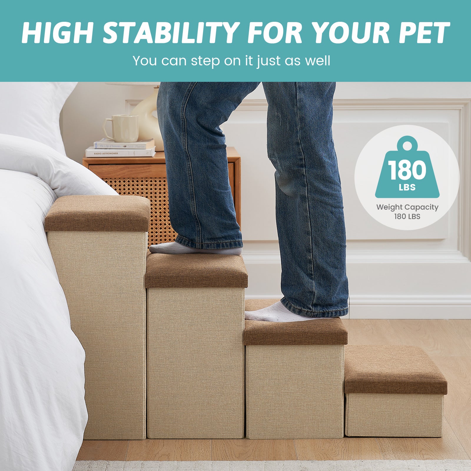 High stability Cozy Bliss storage pet stairs with 180 LBS weight capacity, strong enough for adult support. #color_Brown