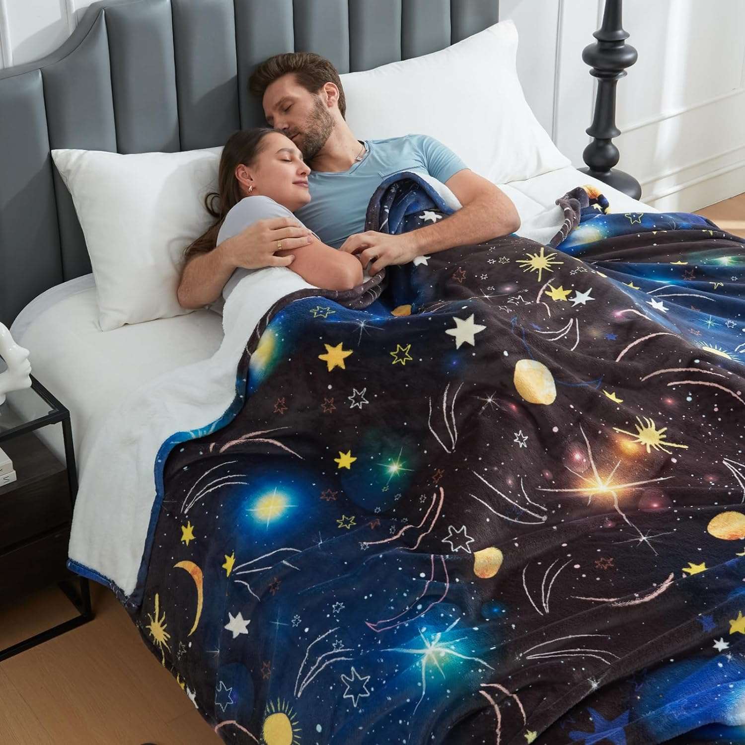Couple cuddling under Starry Sky Fleece Blanket #color_Starry sky