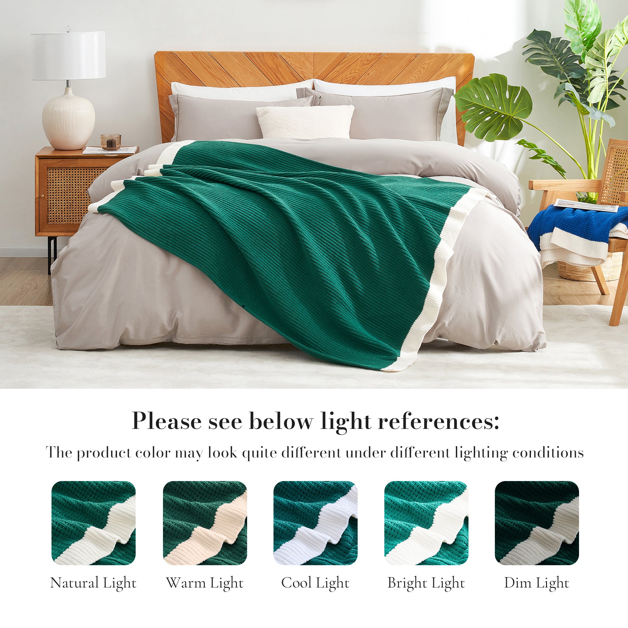 Bed with green blanket and wooden headboard in a room with a lamp and plant. #color_Green