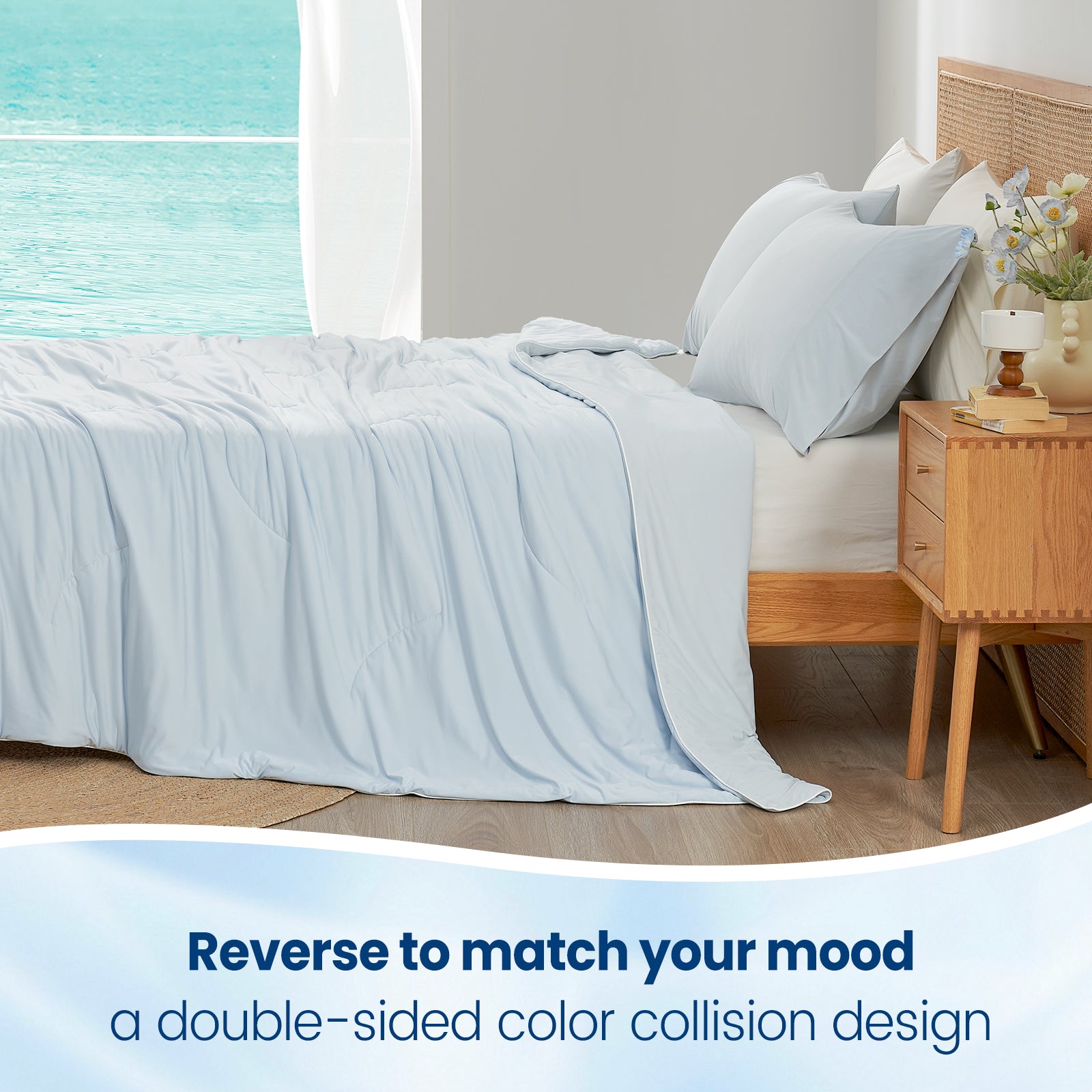 Cozy Bliss light blue cooling comforter on bed with a double-sided design, perfect for a cozy sleep #Color_Cool Blue