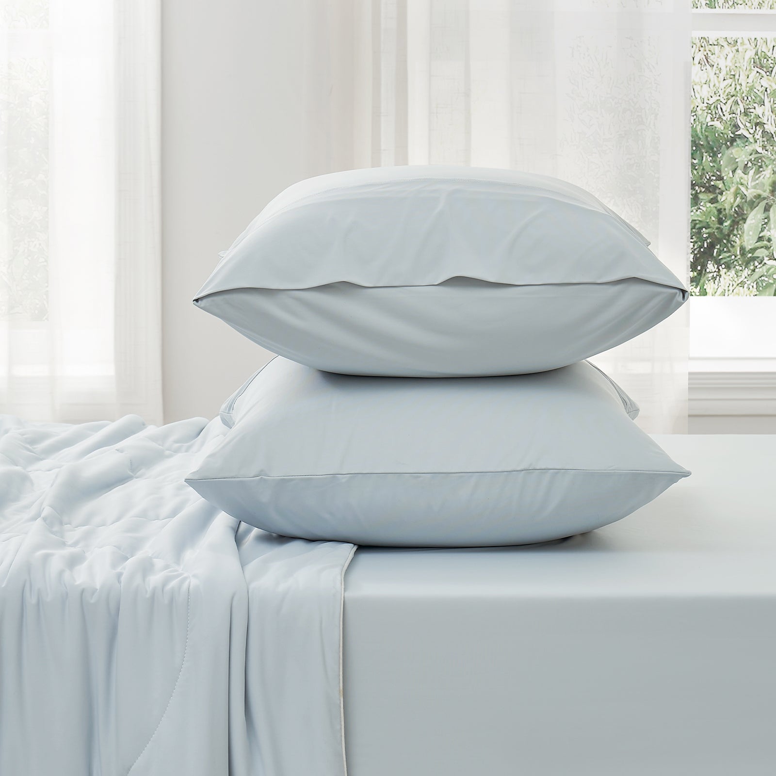 Light blue cooling pillowcases and sheet set, cozy bedding #Color_Cool Blue