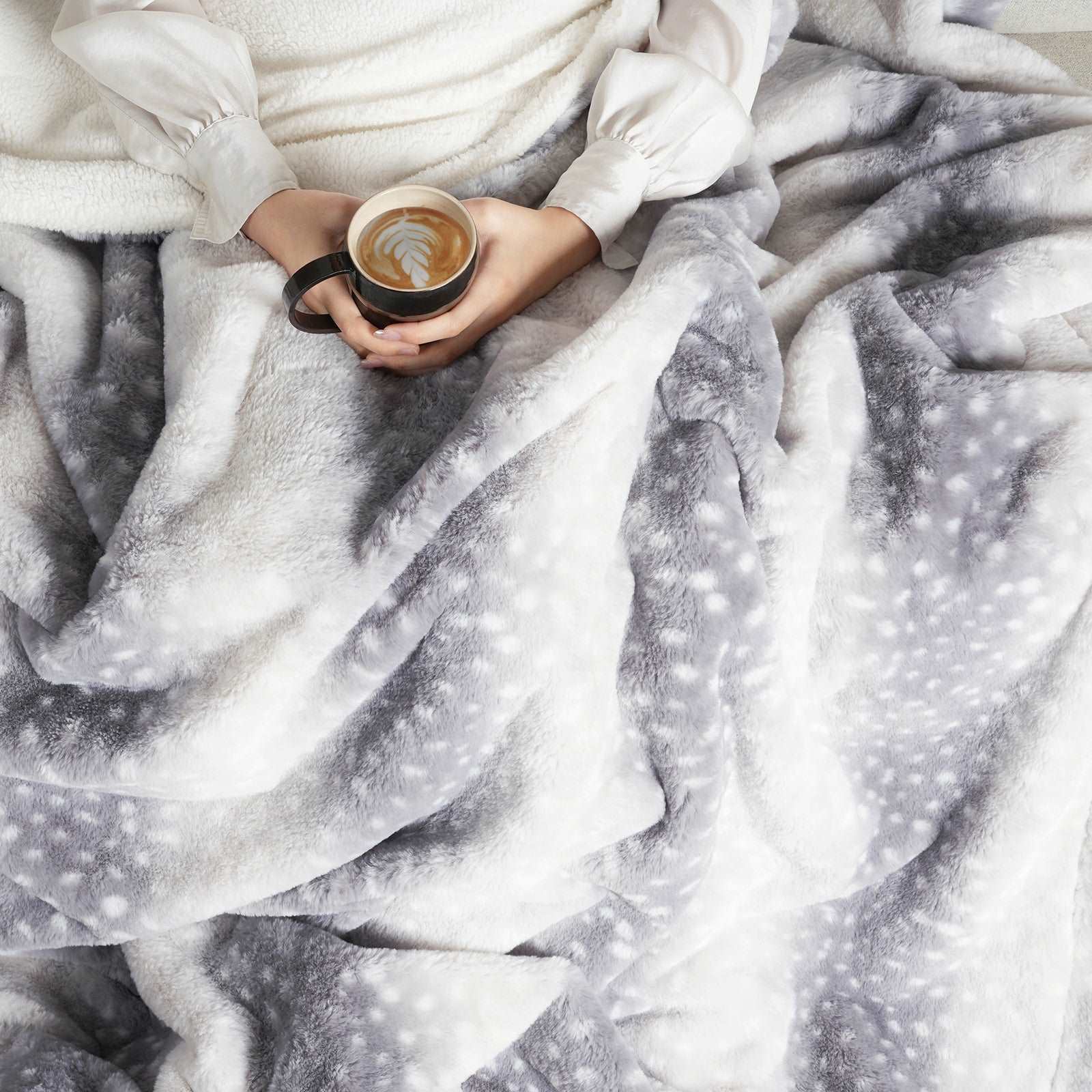 Cozy Bliss deer print blanket, relaxing with coffee, cozy bedding #color_Silver Sherpa Deer