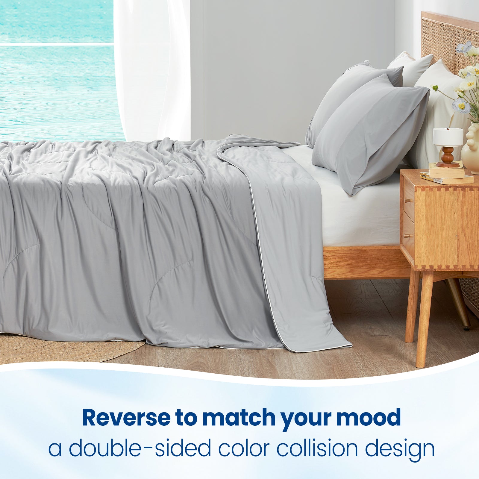 Cozy Bliss double-sided cooling comforter in gray. Cooling and breathable, cozy bedding for cool sleep. #Color_Cool Grey