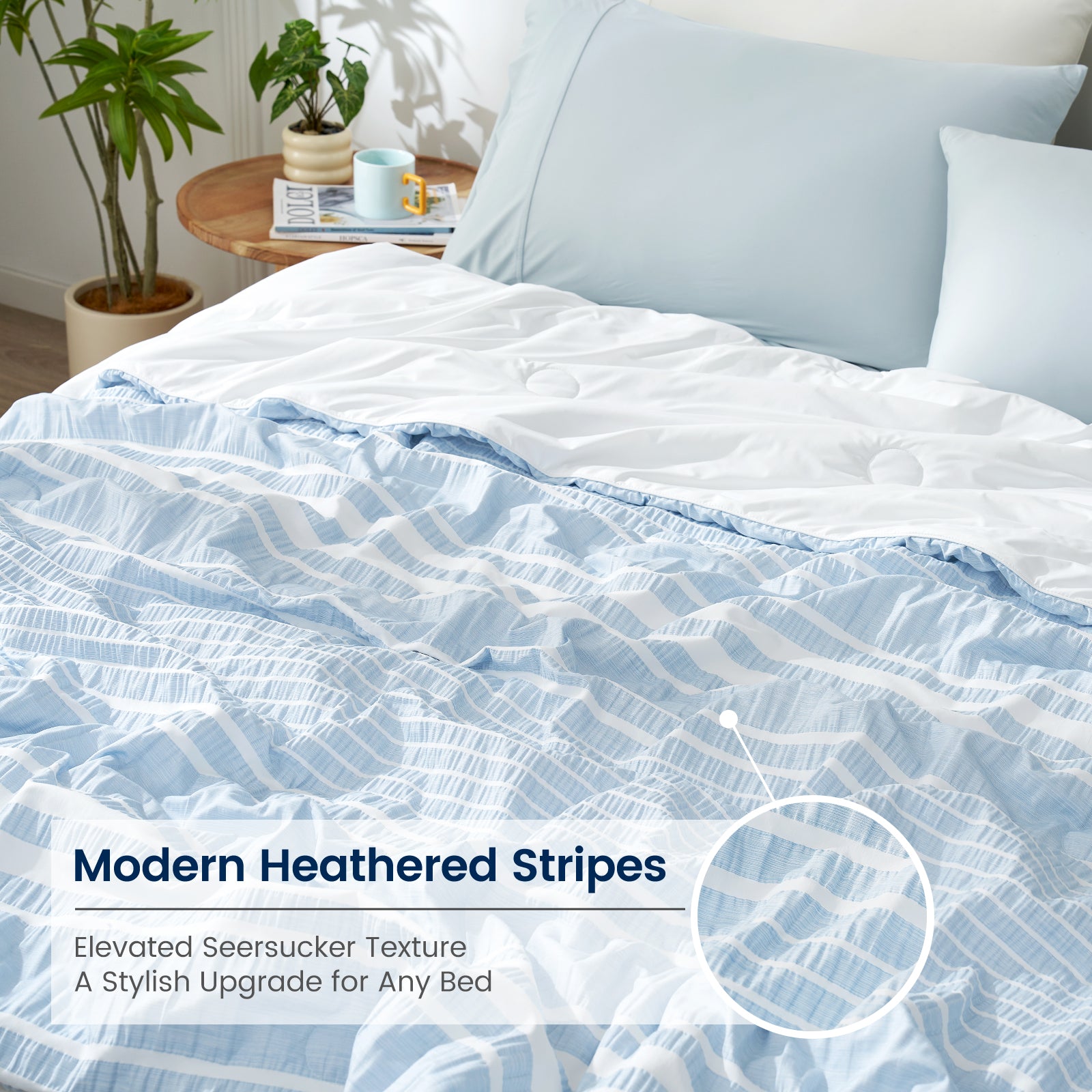 Cozy Bliss striped seersucker cooling comforter in Sky Blue showcasing elevated textured pattern #color_Sky Blue