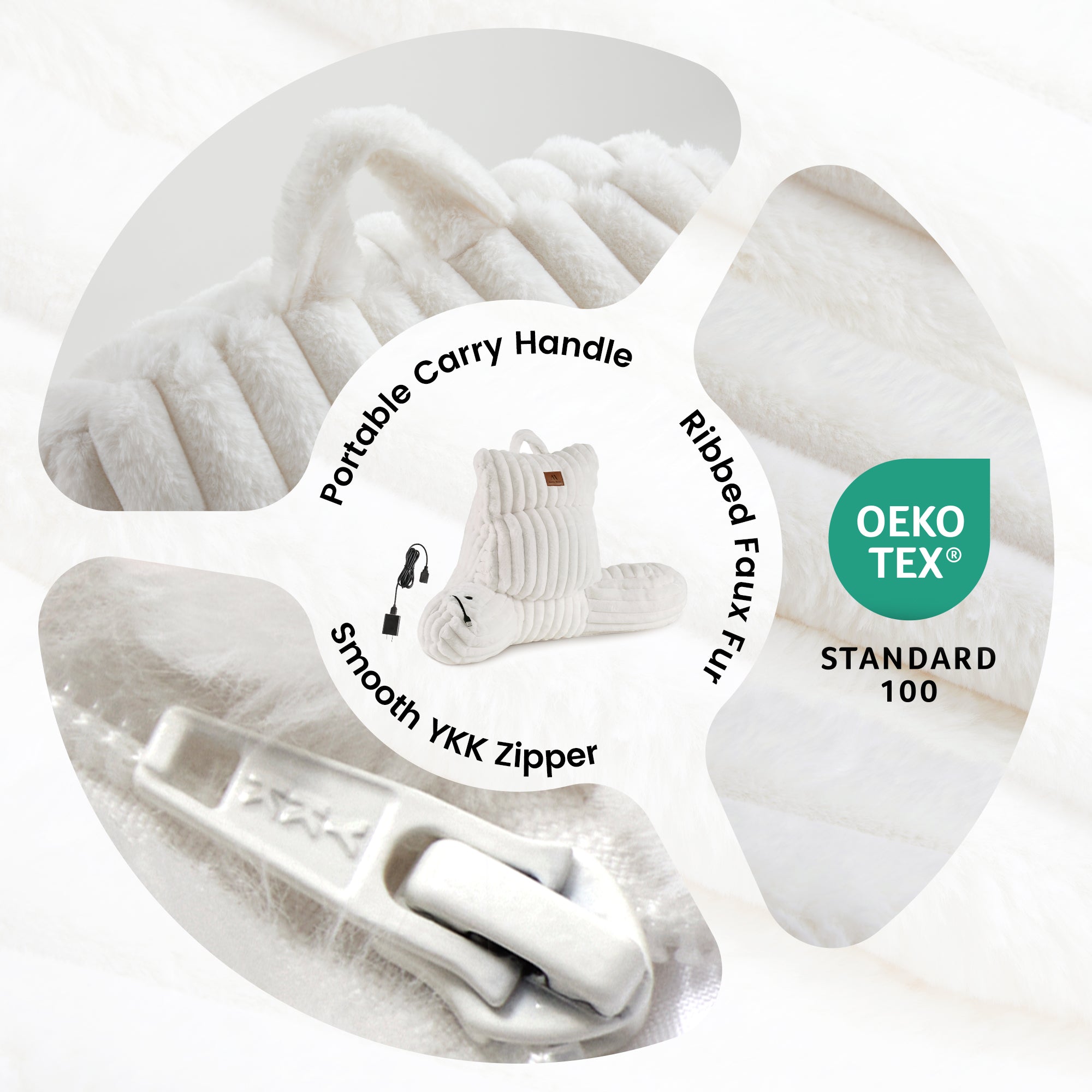 Details of electric heated backrest reading pillow with portable handle, ribbed faux fur fabric and smooth zipper.#color_Ivory