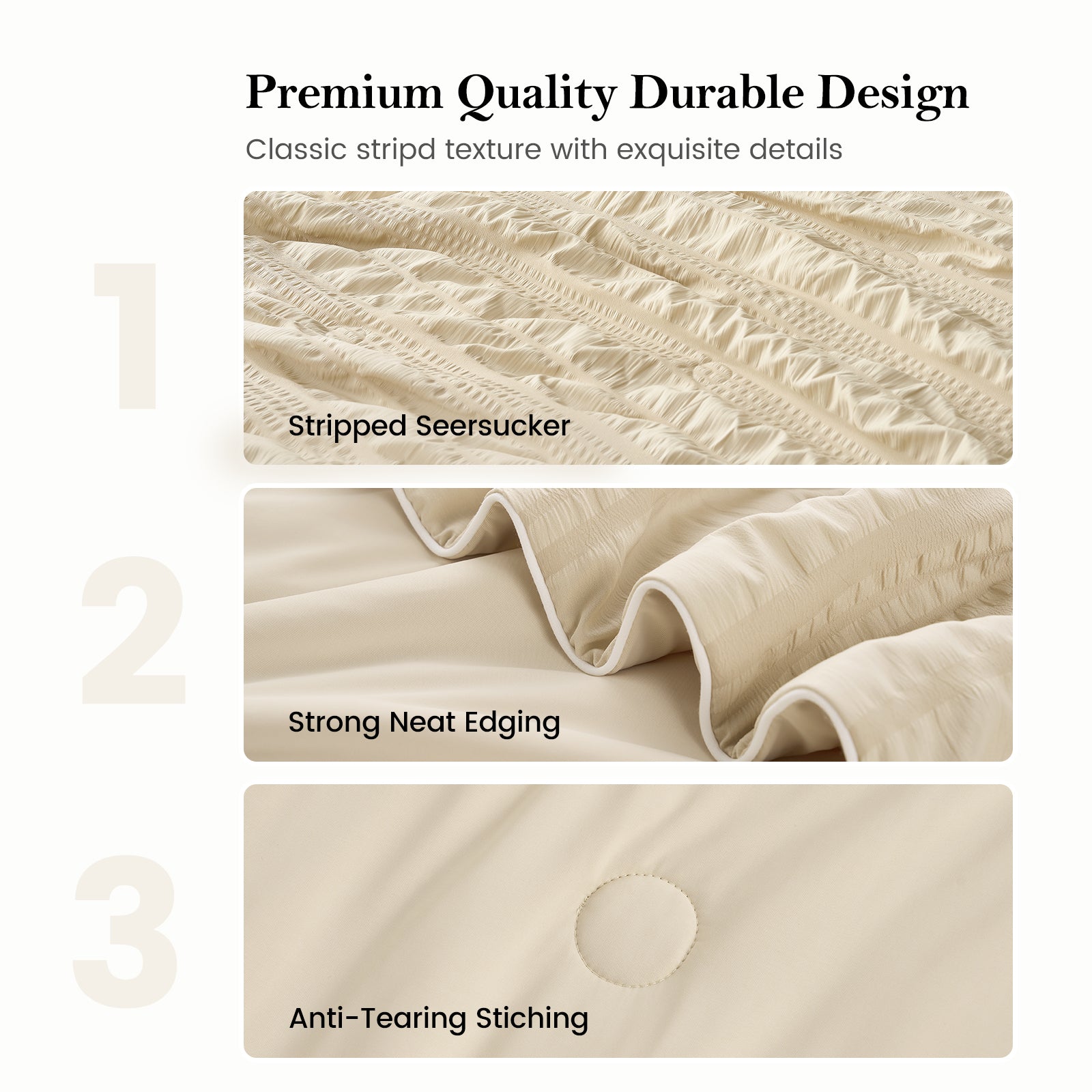 Close up of Cozy Bliss seersucker cooling comforter fabric with strong neat edging and anti-tearing stiching.#color_khaki