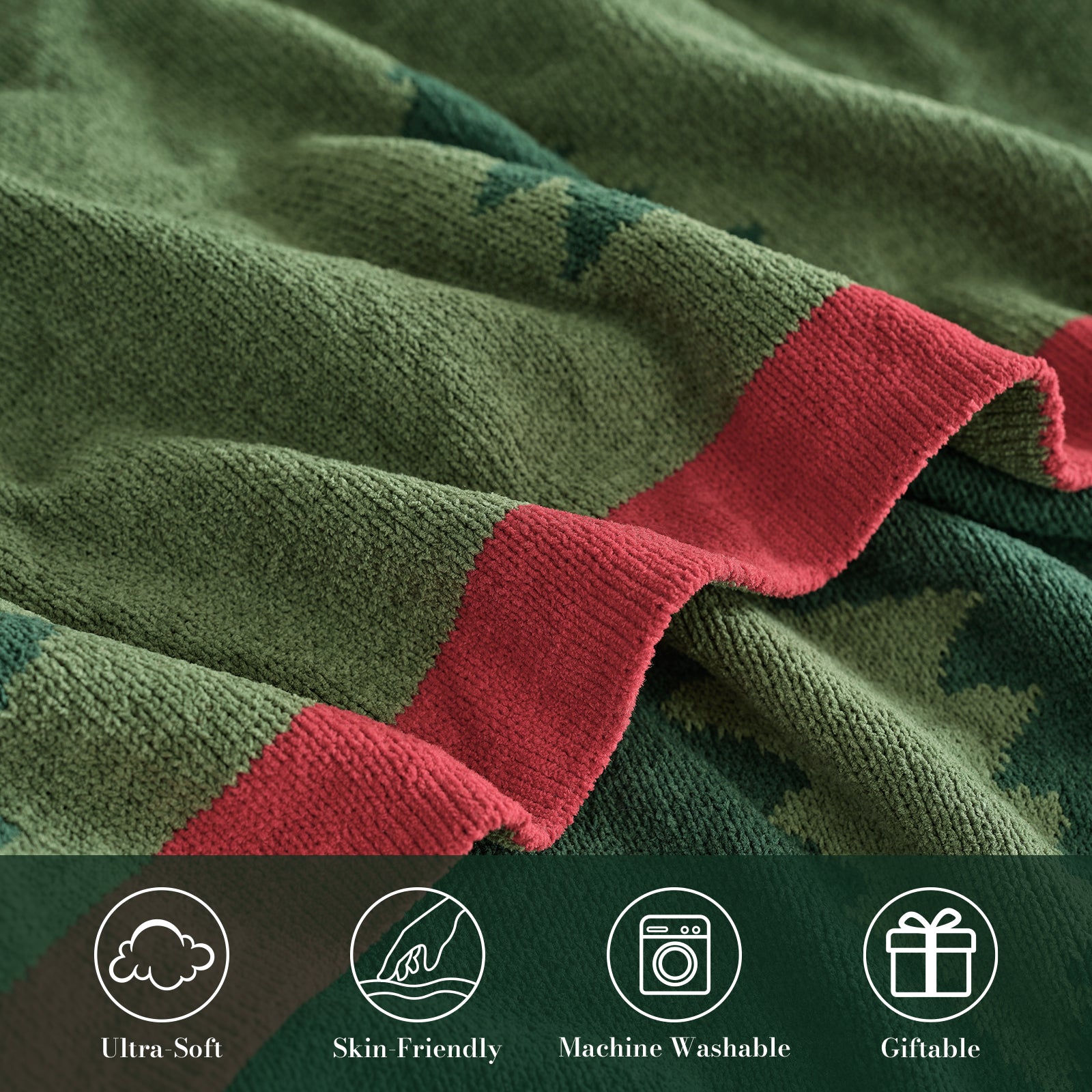 Green and red blanket with product features displayed below #color_Christmas Tree