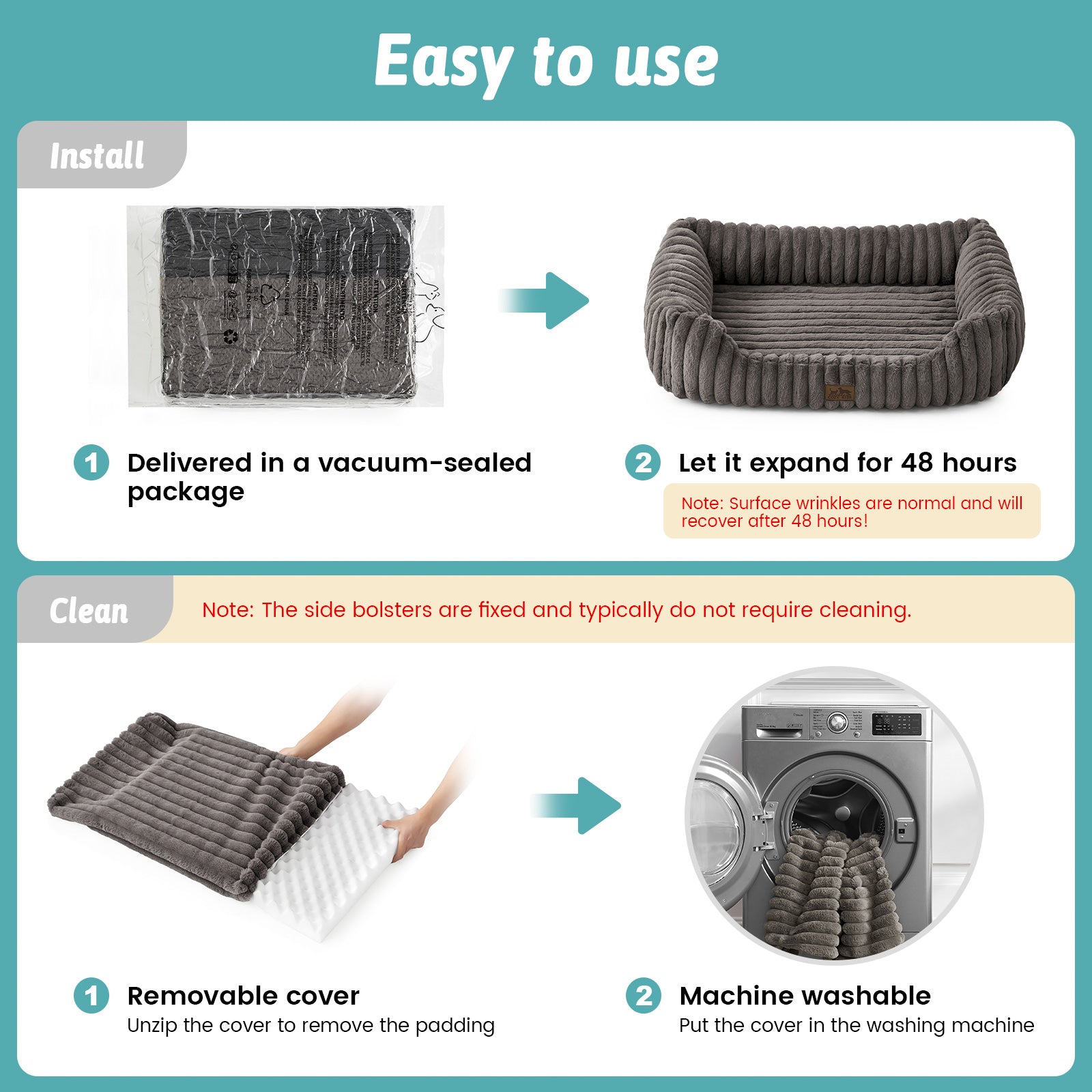 Instructions for using and cleaning a pet bed.#Color_Grey
