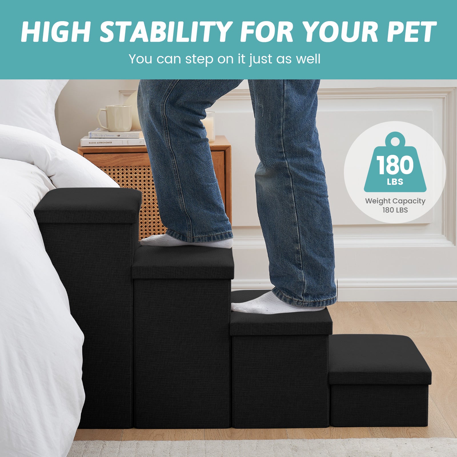 High stability Cozy Bliss storage pet stairs with 180 LBS weight capacity, strong enough for adult support. #color_Black