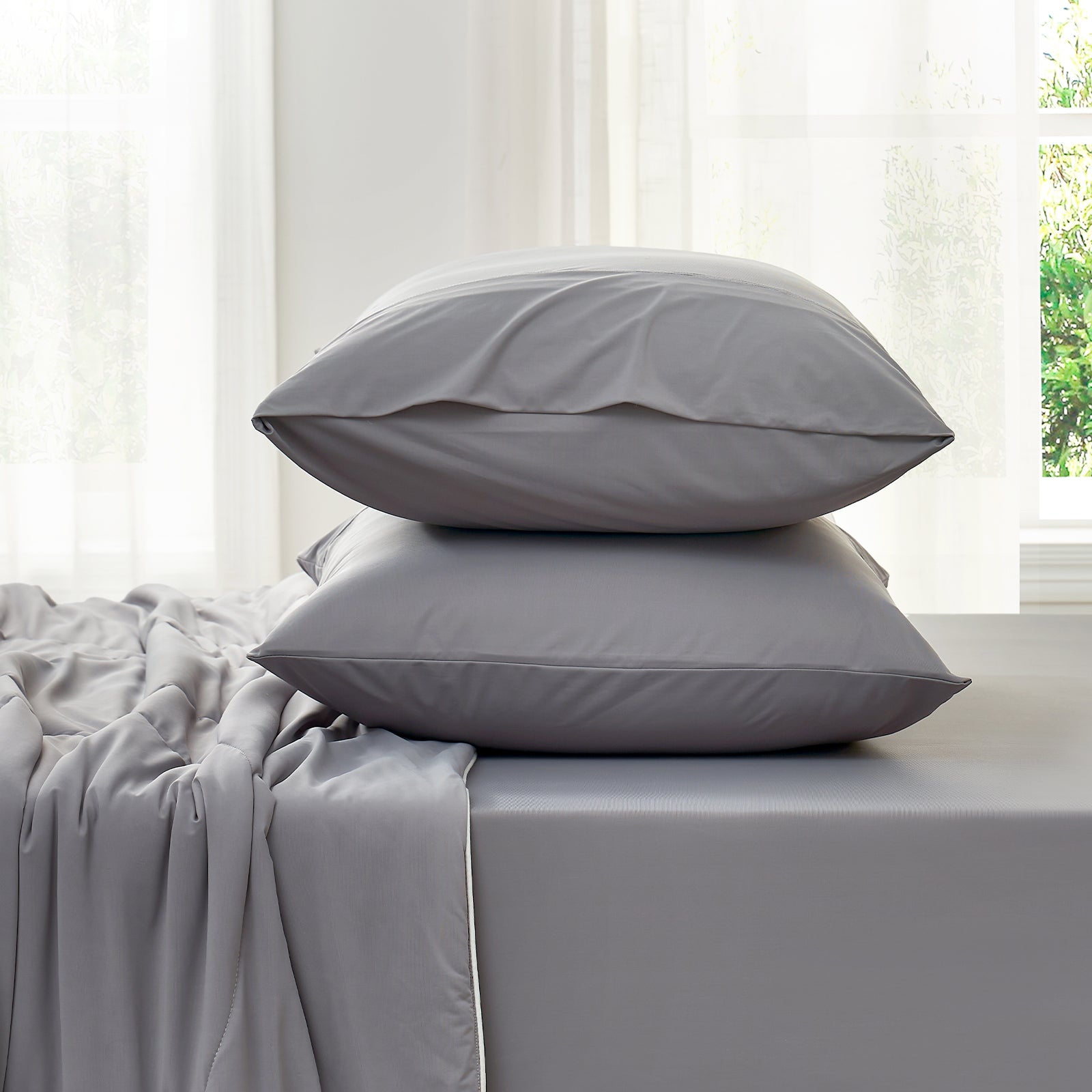 Gray cooling fitted sheet set with pillowcases, ultra-soft and breathable cozy bedding #Color_Dark Grey