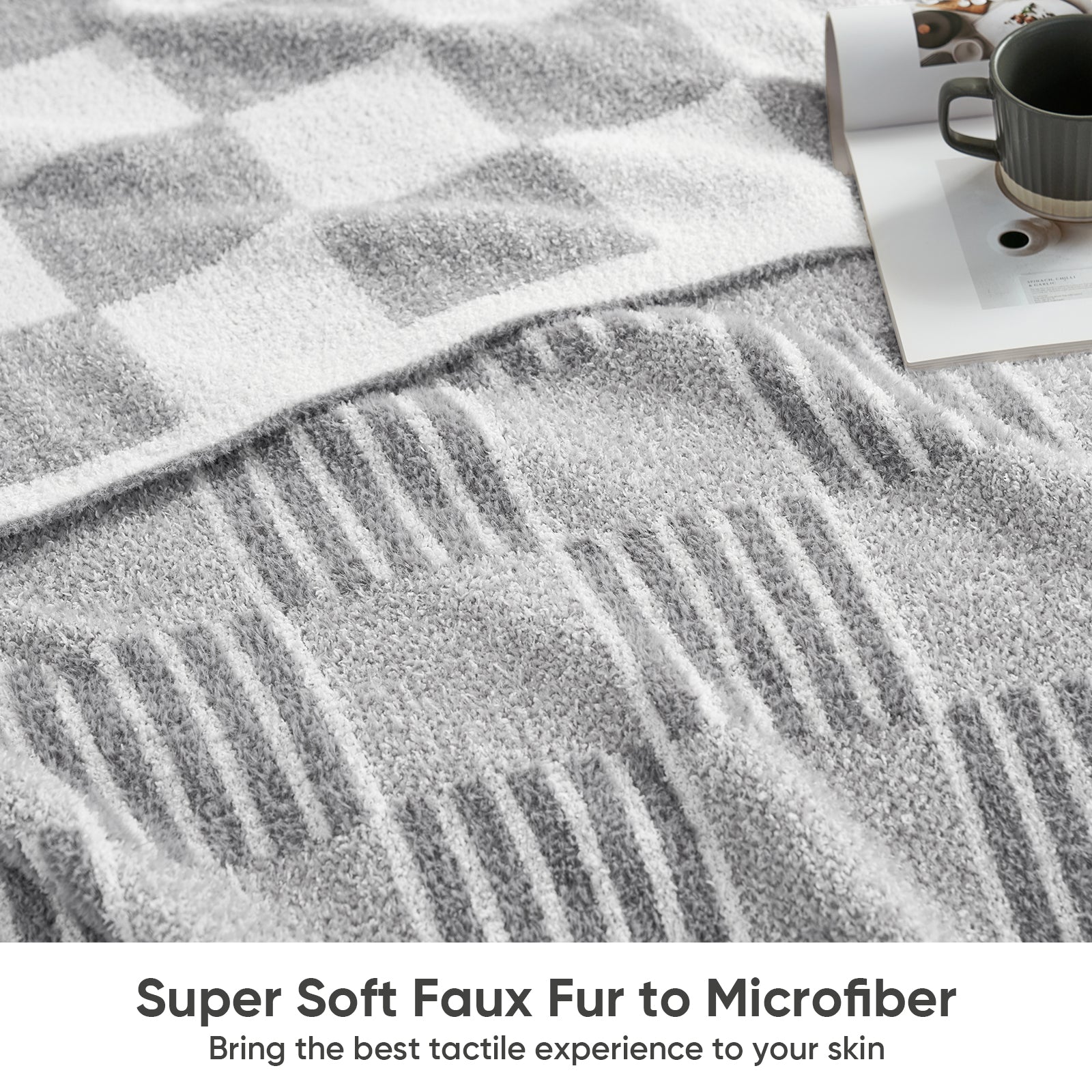 Reversible Heather Checkered Feather Yarn Throw Blanket