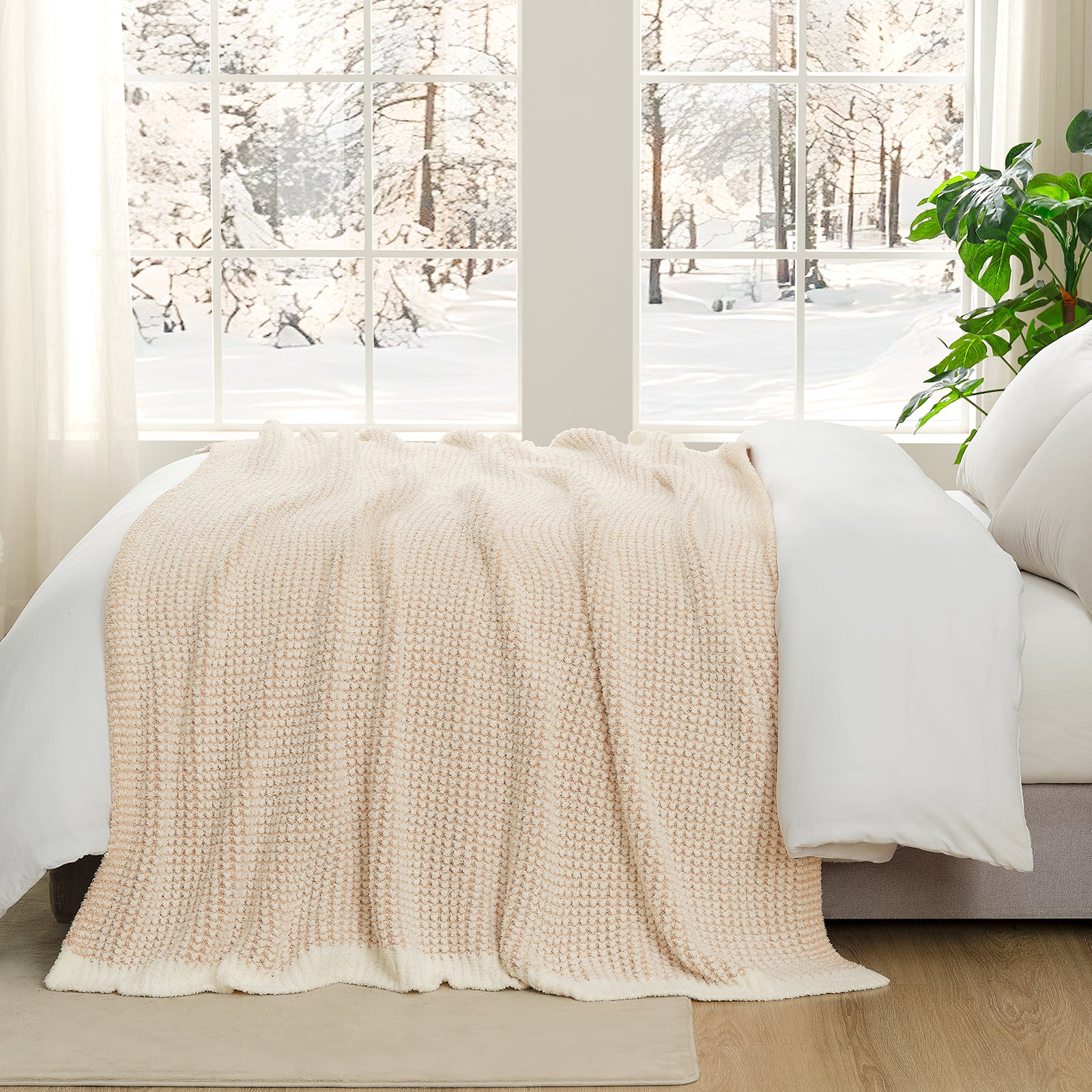 Soft Waffle Feather Yarn Throw Blanket in Cream/Beige styled on a bed, adding a soft and elegant layered look. #color_Cream/Beige