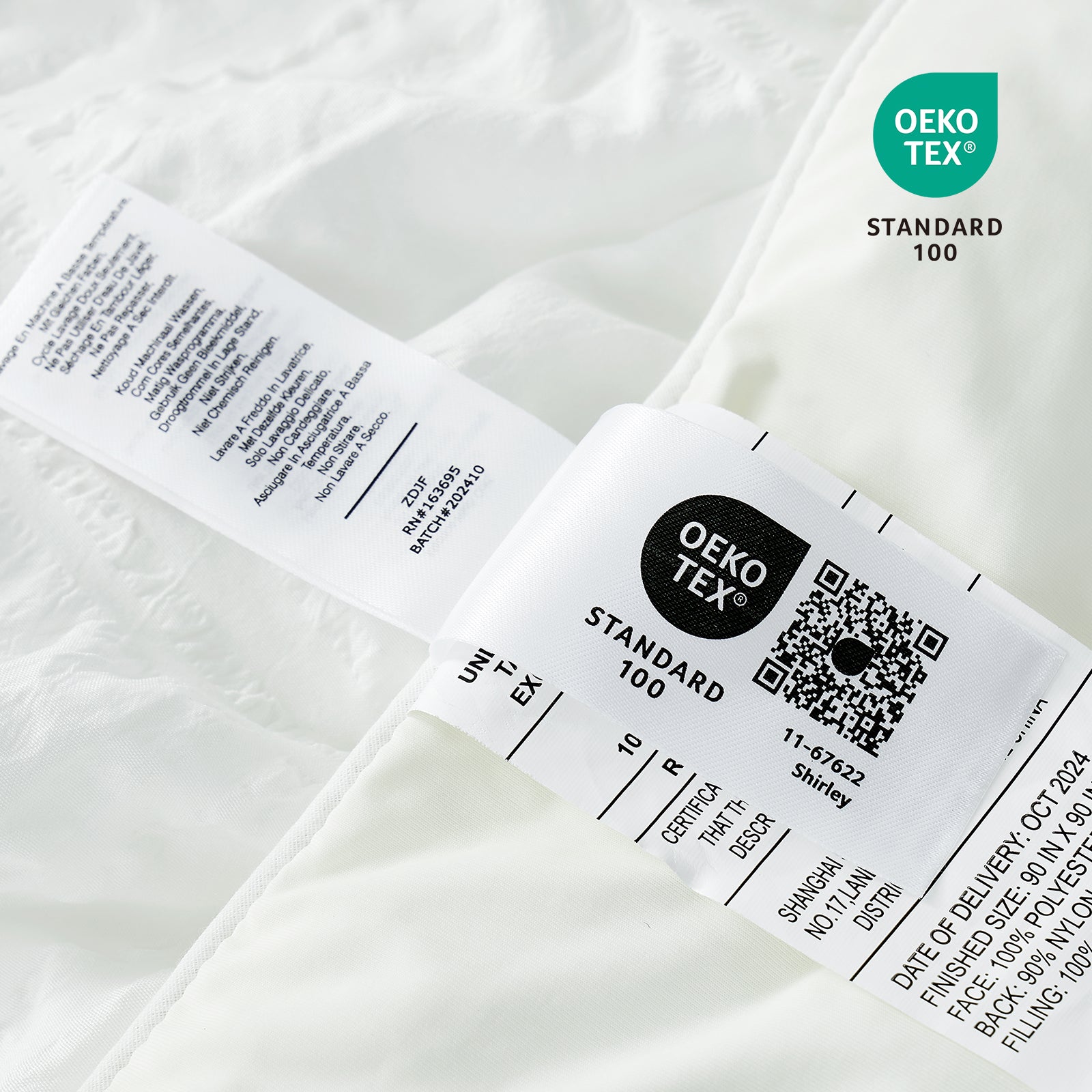 OEKO-TEX Standard 100 certified cooling comforter with care label, white bedding. #Color_White Plaid