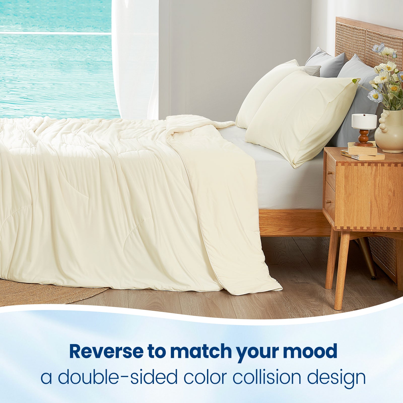 Cream double-sided cooling comforter on bed, featuring a reversible design for mood matching, cozy bedding #Color_Snow Ivory