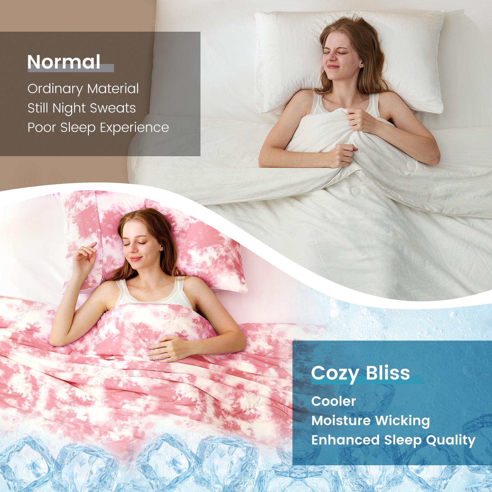 Cozy Bliss tie-dye cooling comforter set, promoting cooler sleep & moisture wicking for hot sleepers. #color_Tie Dye Pink