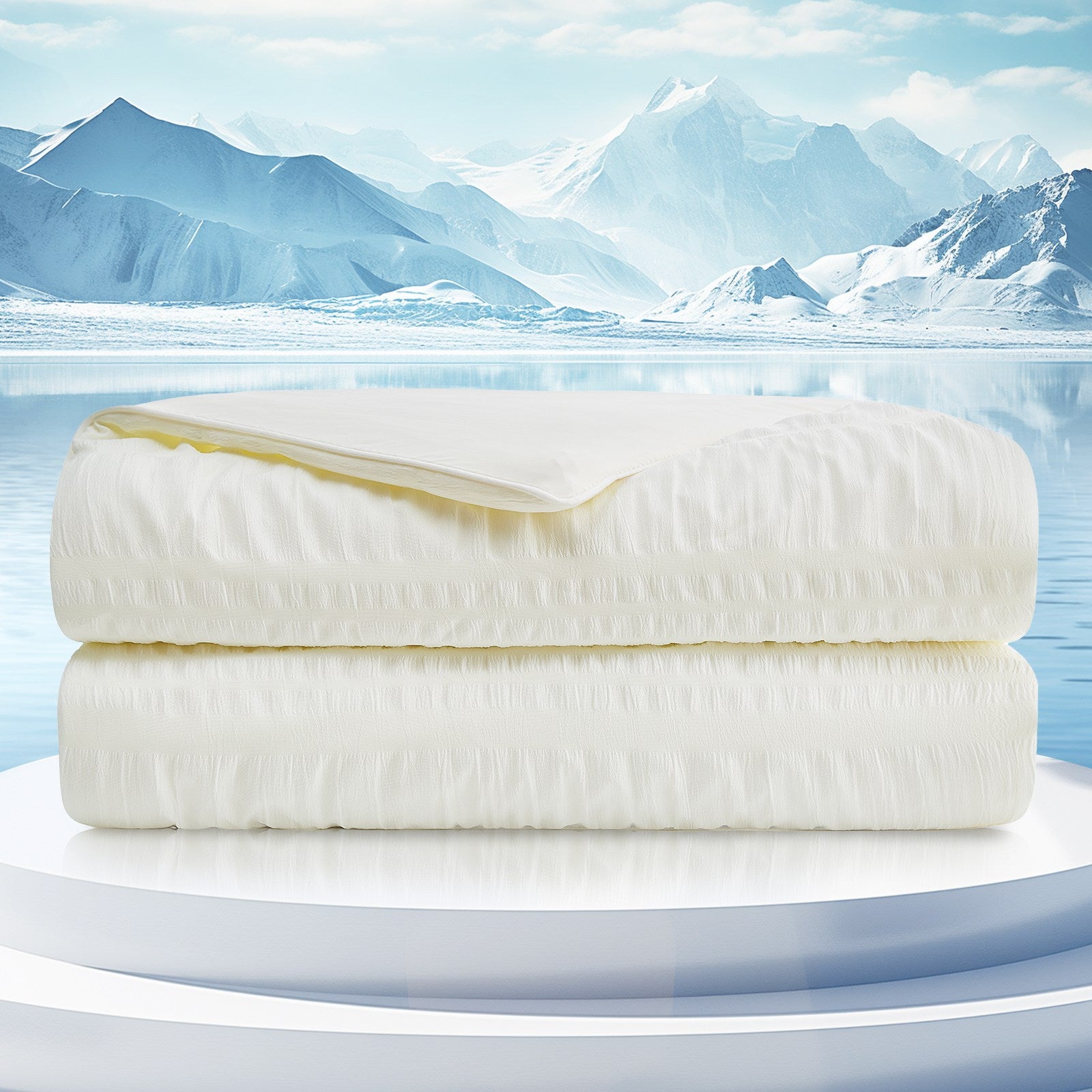 Cozy Bliss Seersucker Cooling Comforter in white, perfect for a cool and cozy sleep experience #color_Cream White