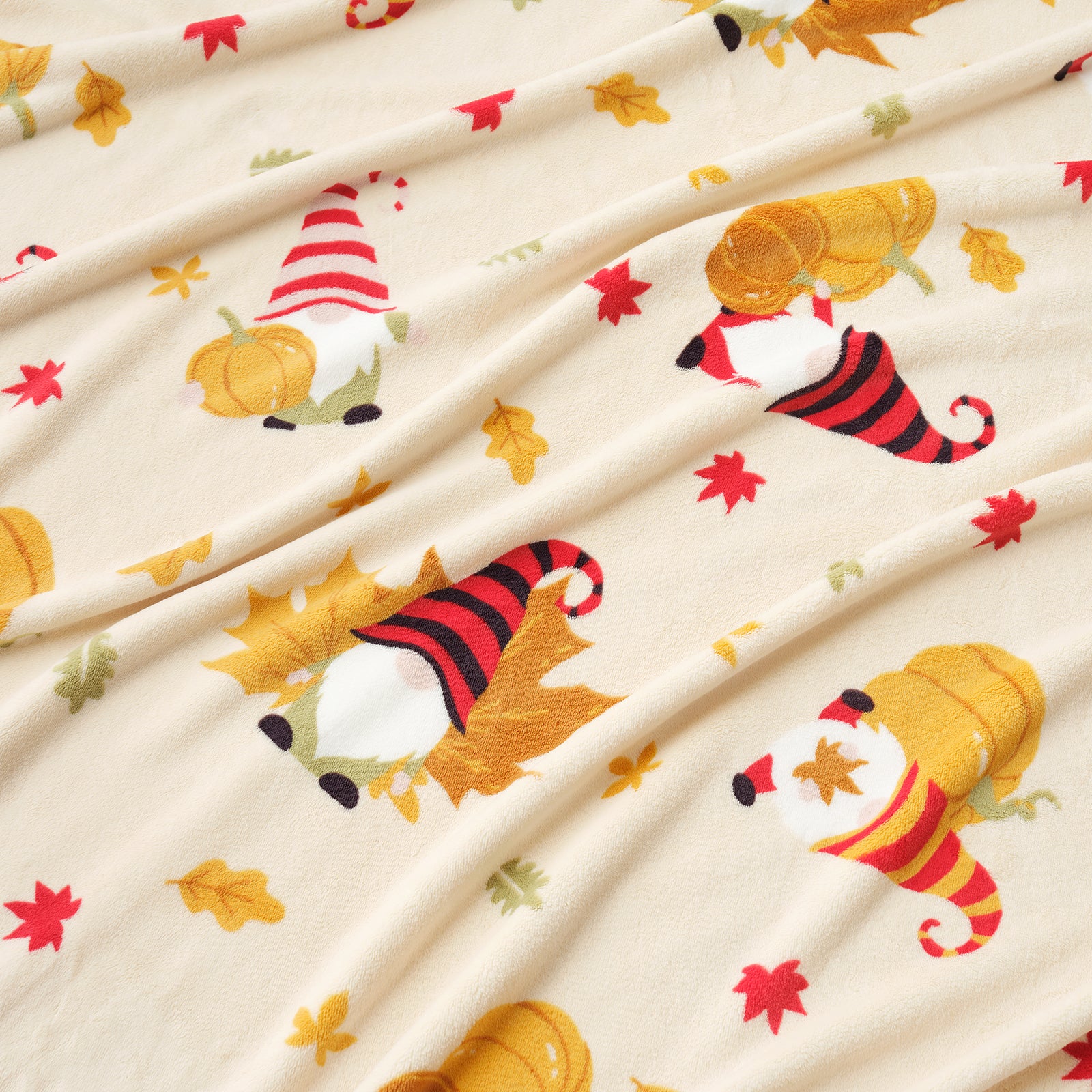 Fabric with autumn-themed design featuring gnomes, pumpkins, and leaves on a beige background. #color_Pumpkin Gnome