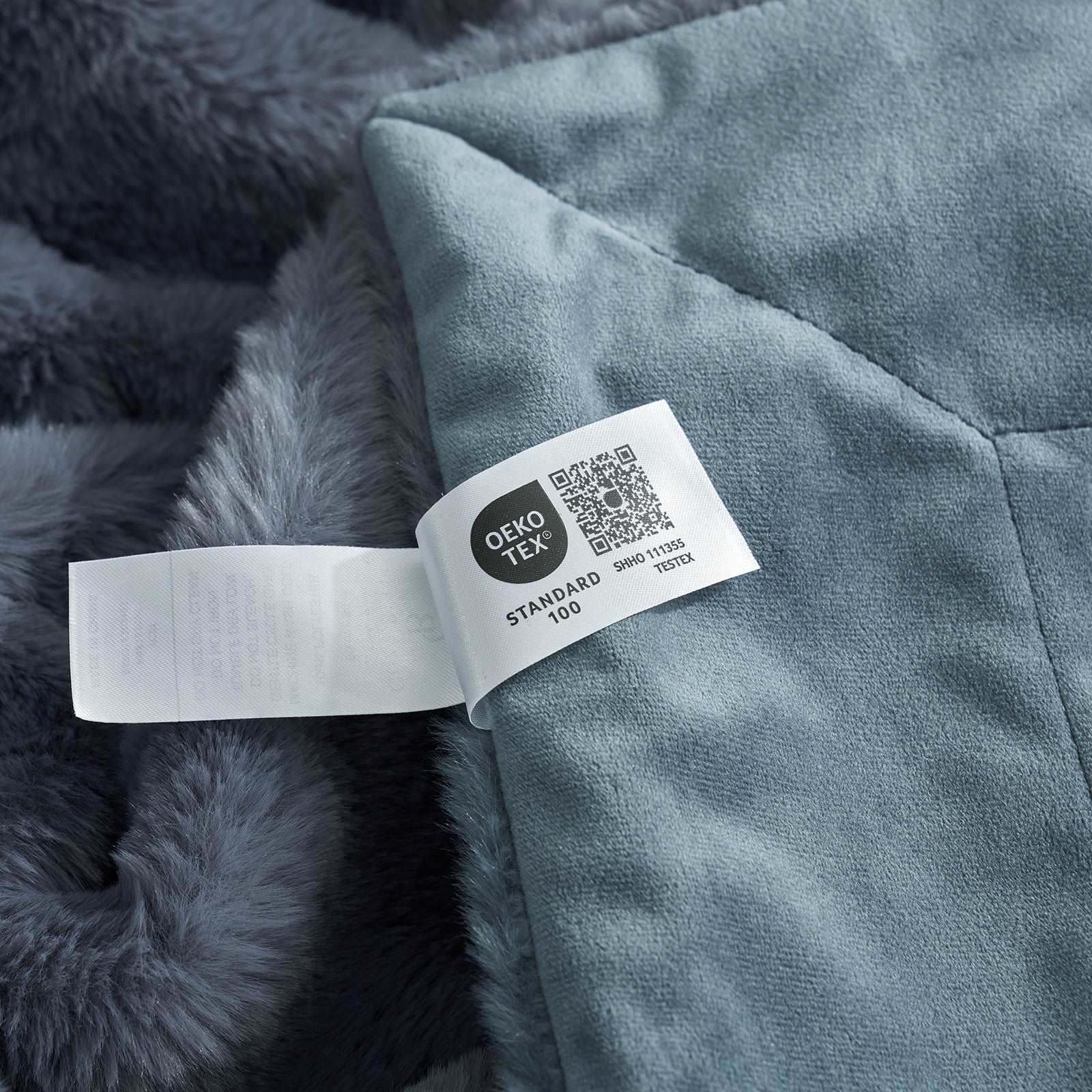 CozyBliss gray faux fur throw blanket detail, OEKO-TEX certified for safety, ultra-soft, perfect cozy bedding. #color_Blue