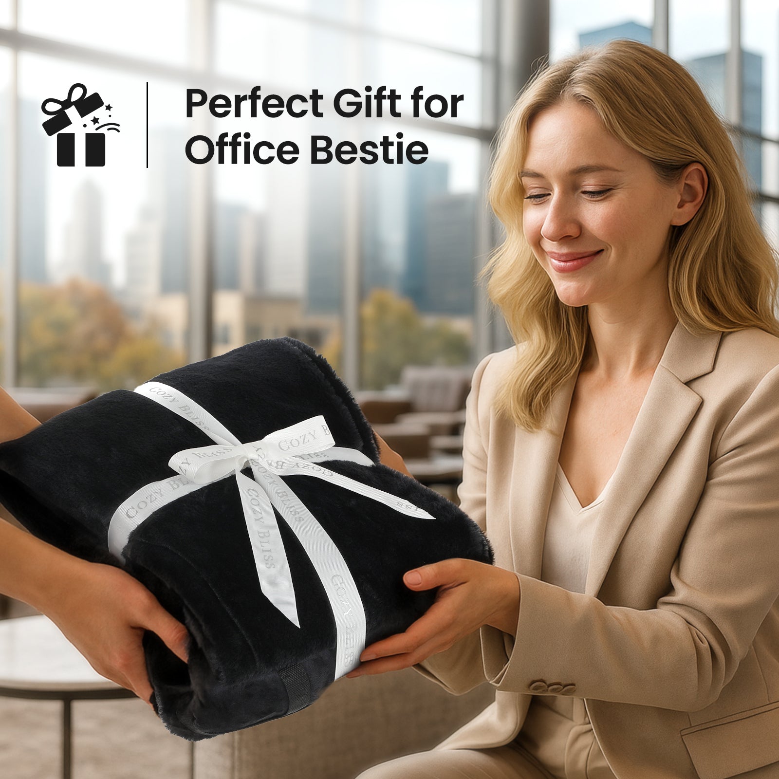 Woman receiving a black gift wrapped in a white ribbon in an office setting. #color_Black