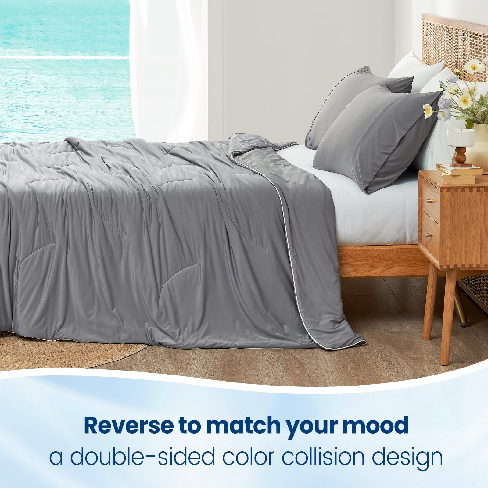 Cozy Bliss double-sided cooling comforter in gray, reversible design for mood matching. #Color_Dark Grey