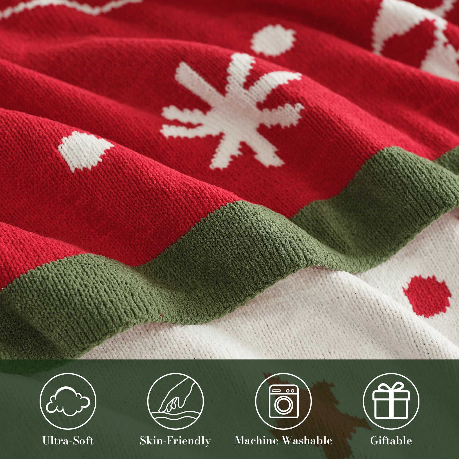 Close-up of a red, green, and white knitted blanket with snowflake patterns and product features at the bottom. #color_Candy Cane