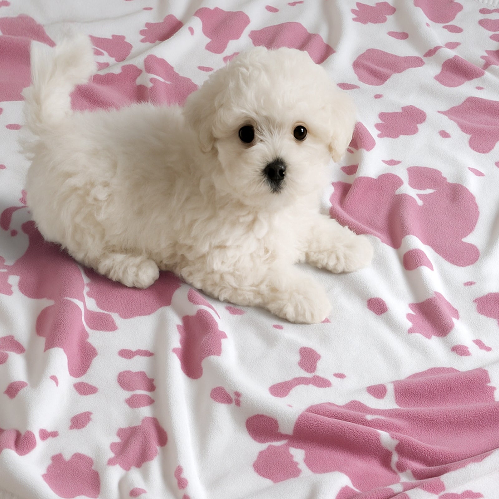 Small white dog lying on a pink and white blanket with paw prints #color_Strawberry
