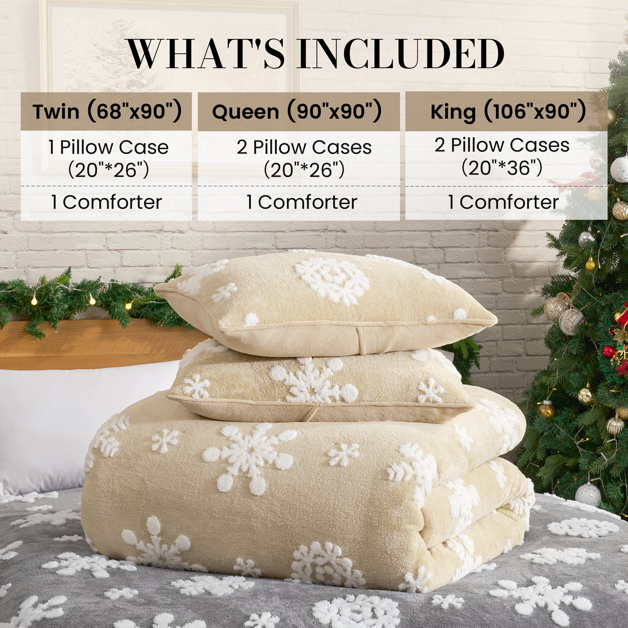 Beige comforter with white floral patterns on a bed, surrounded by Christmas decorations. #Color_Snowflake Beige
