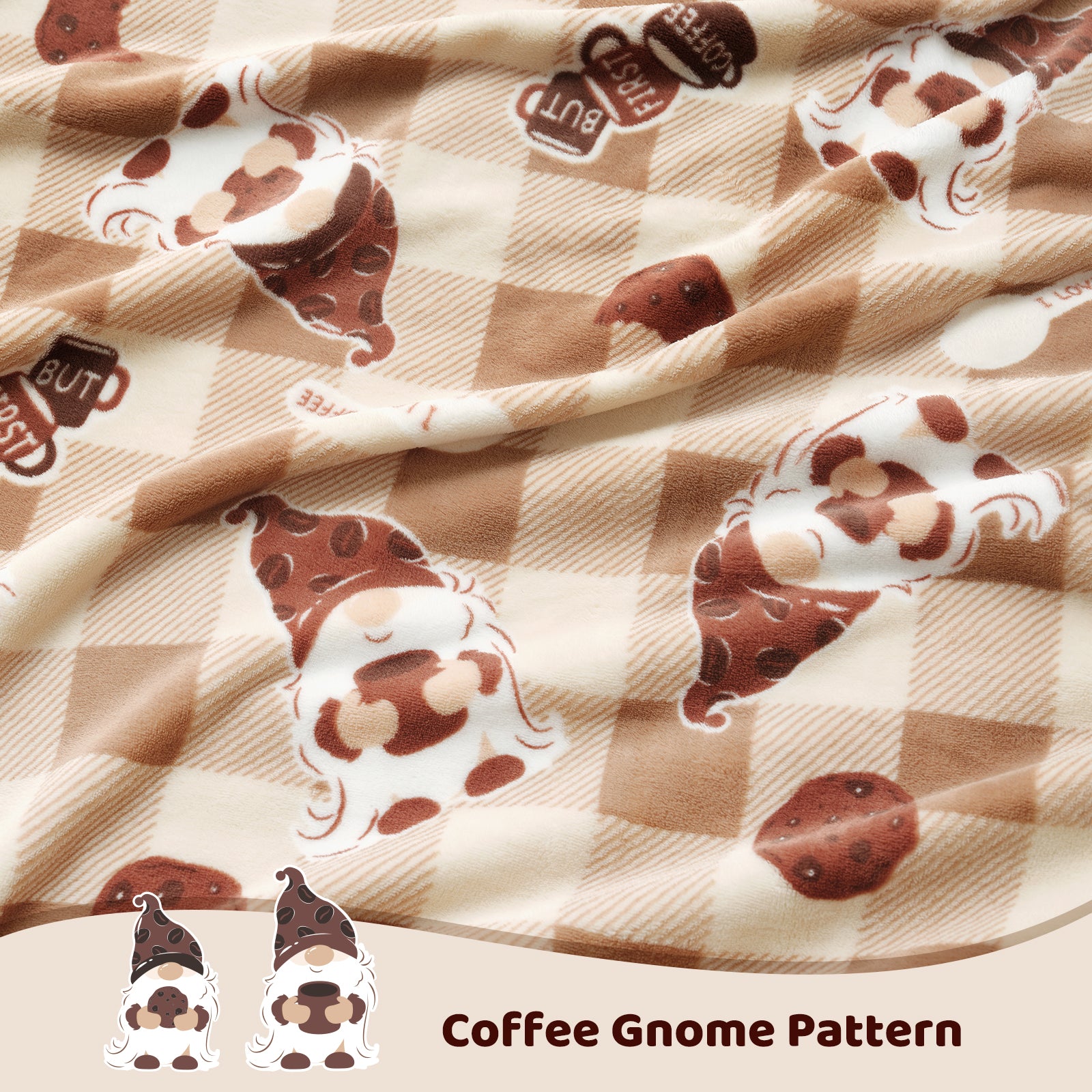 Coffee gnome pattern fabric with checkered background #color_Coffee Gnome Brown