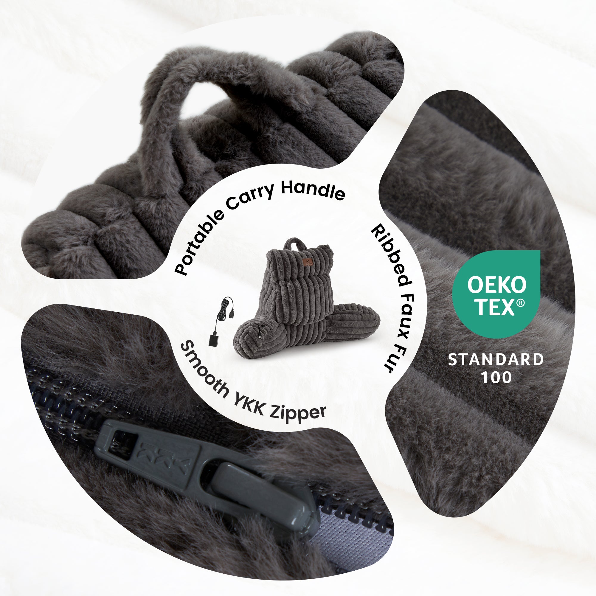 Details of electric heated backrest reading pillow with portable handle, ribbed faux fur fabric and smooth zipper. #color_Grey