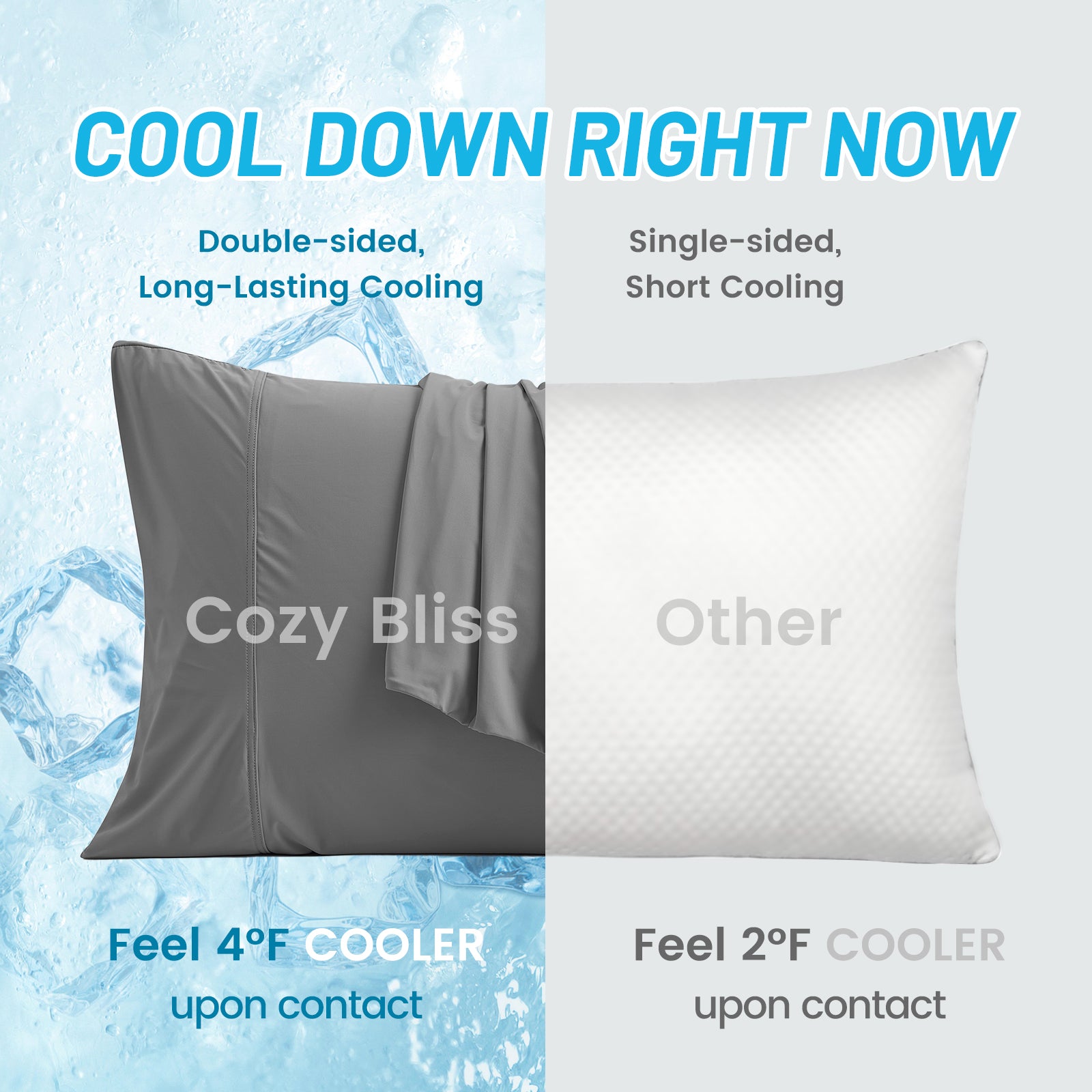 Cozy Bliss cooling pillowcase set, offers 4°F cooler, double-sided, gray color against other pillows #color_Dark Grey