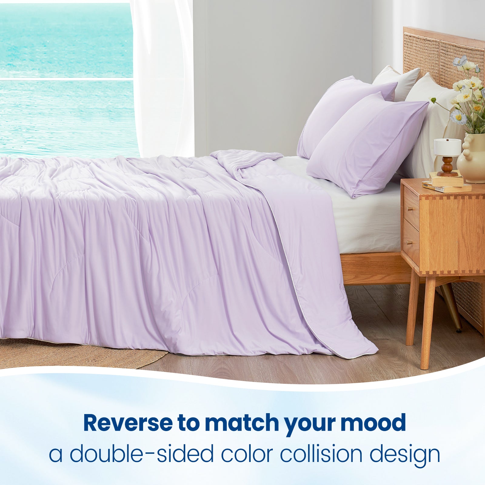 Cozy Bliss lavender double-sided cooling comforter on bed, double-sided design, breathable sleep #Color_Lavender Purple