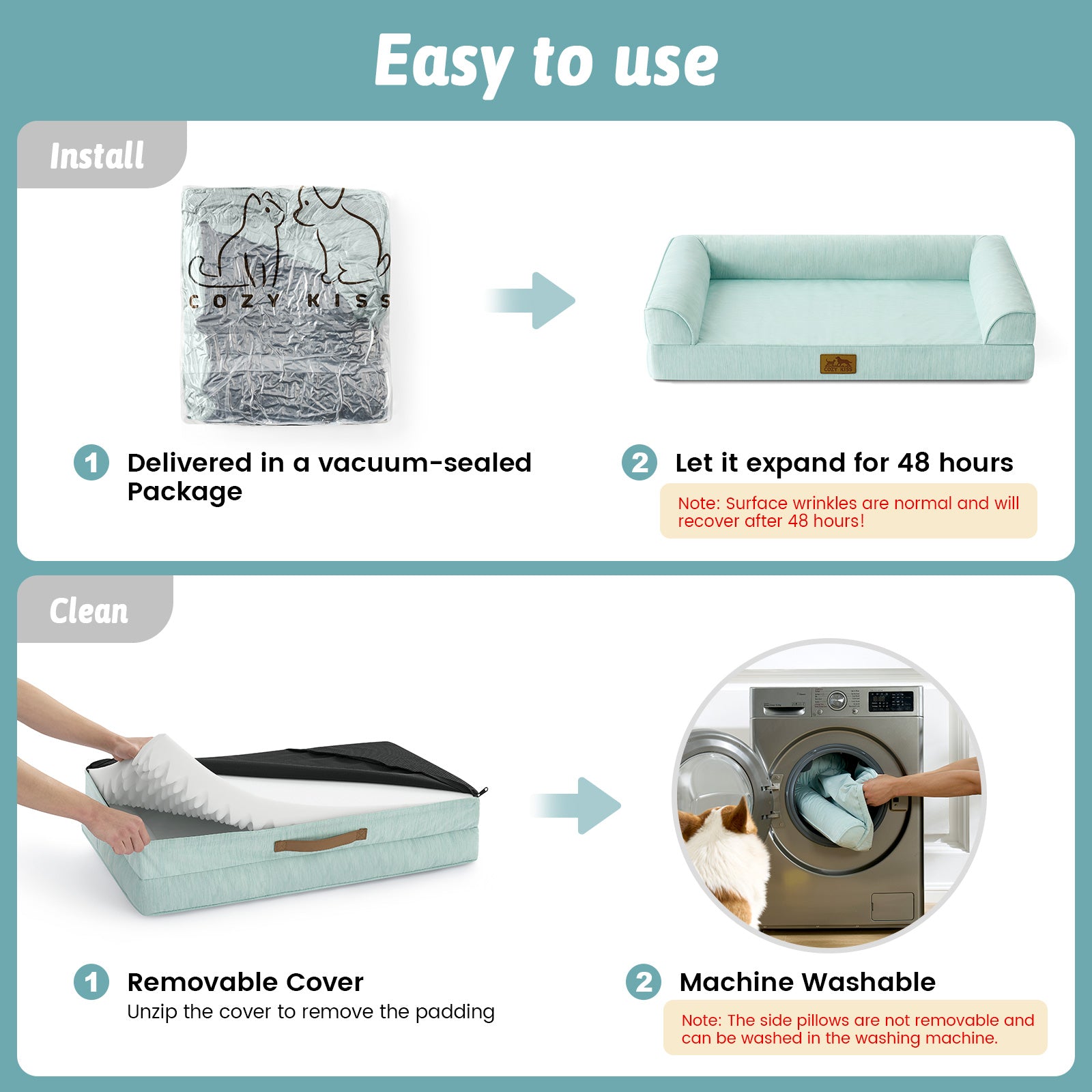 Instructions for using a pet bed with images and text on a green background#color_Sage Green