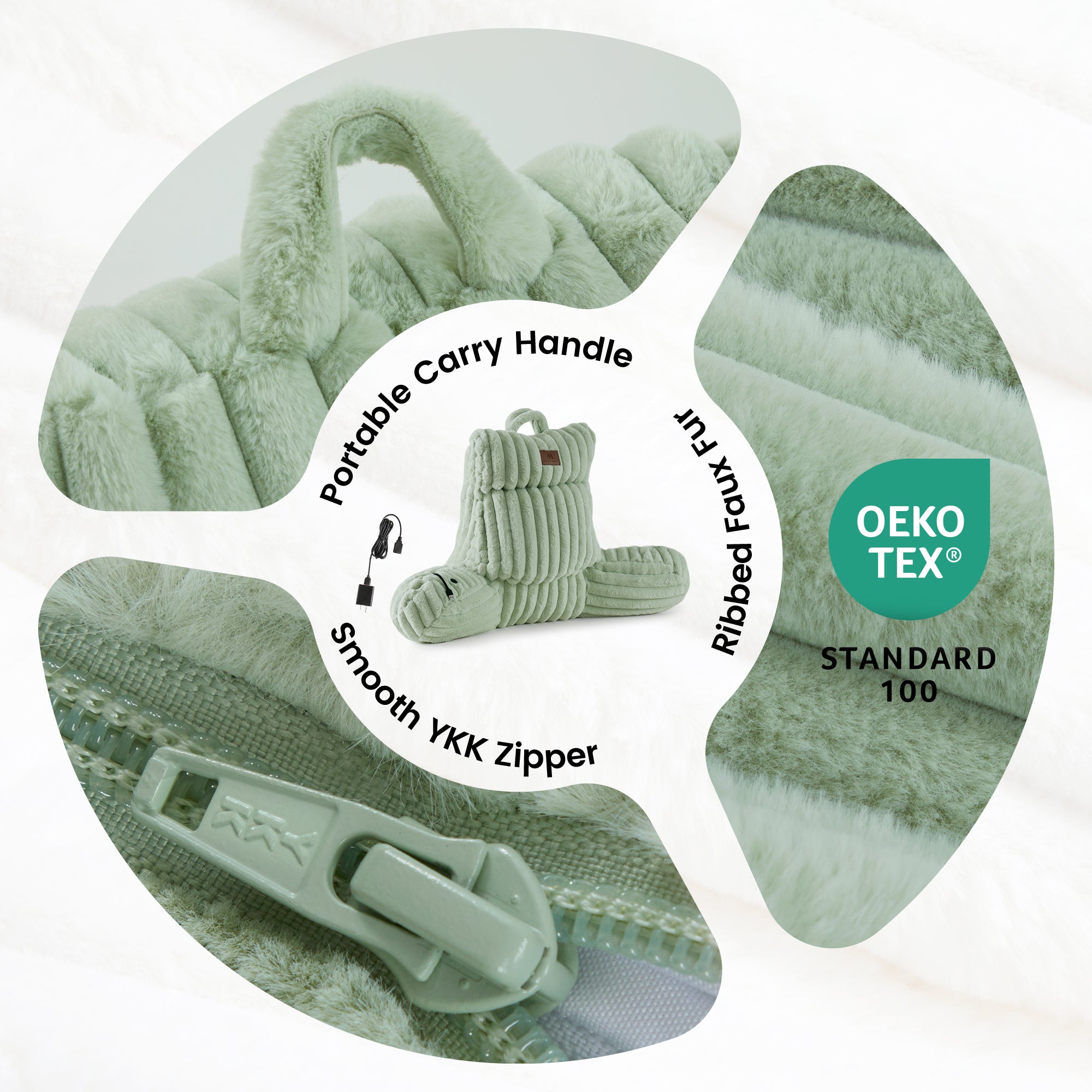 Details of electric reading pillow with portable handle, ribbed faux fur fabric and smooth zipper. #color_Sage Green