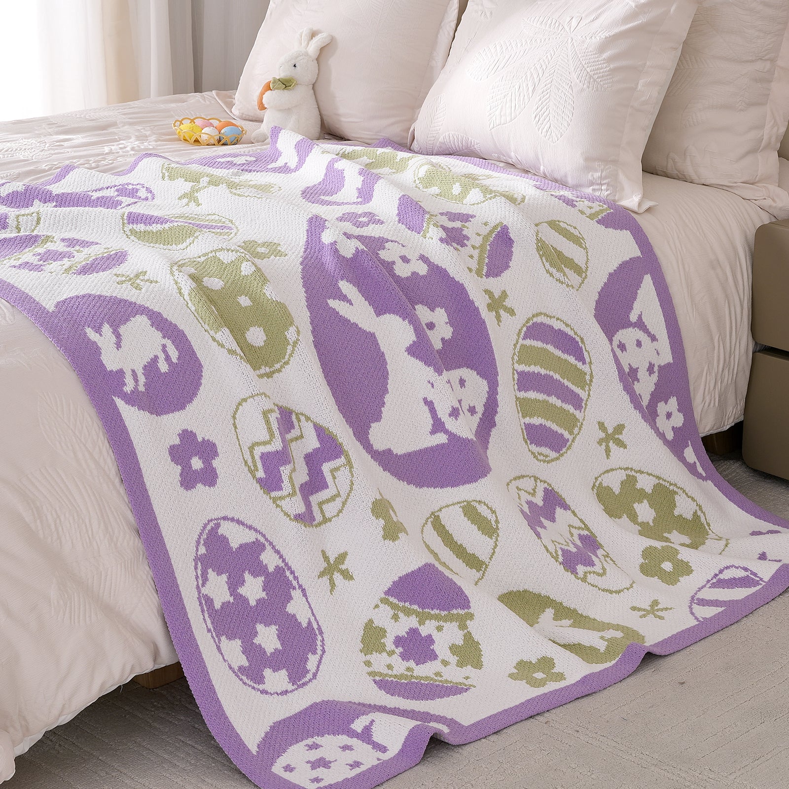 Easter Bunny and Eggs Chenille Knit Throw Blanket