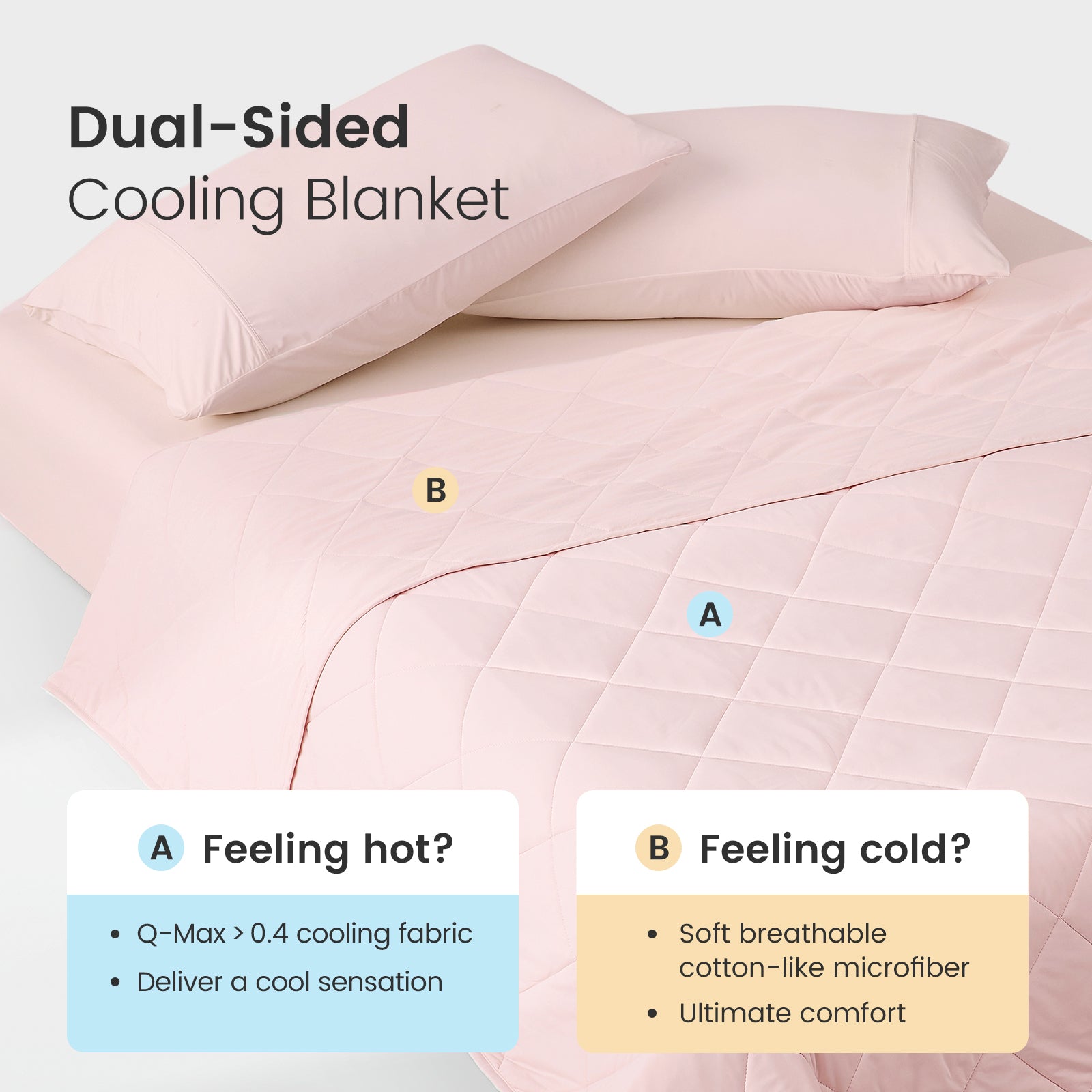 Dual-sided cooling blanket in cool pink. Features Japanese cooling fabric for hot sleepers and soft microfiber.#color_Cool Pink