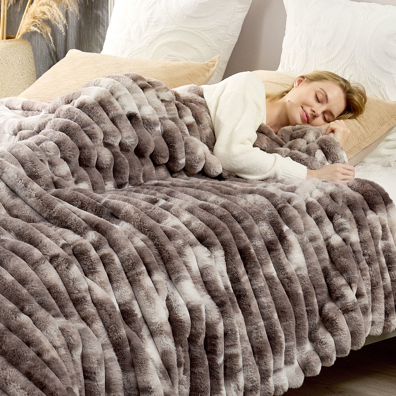 Striped Faux Fur Throw Blanket