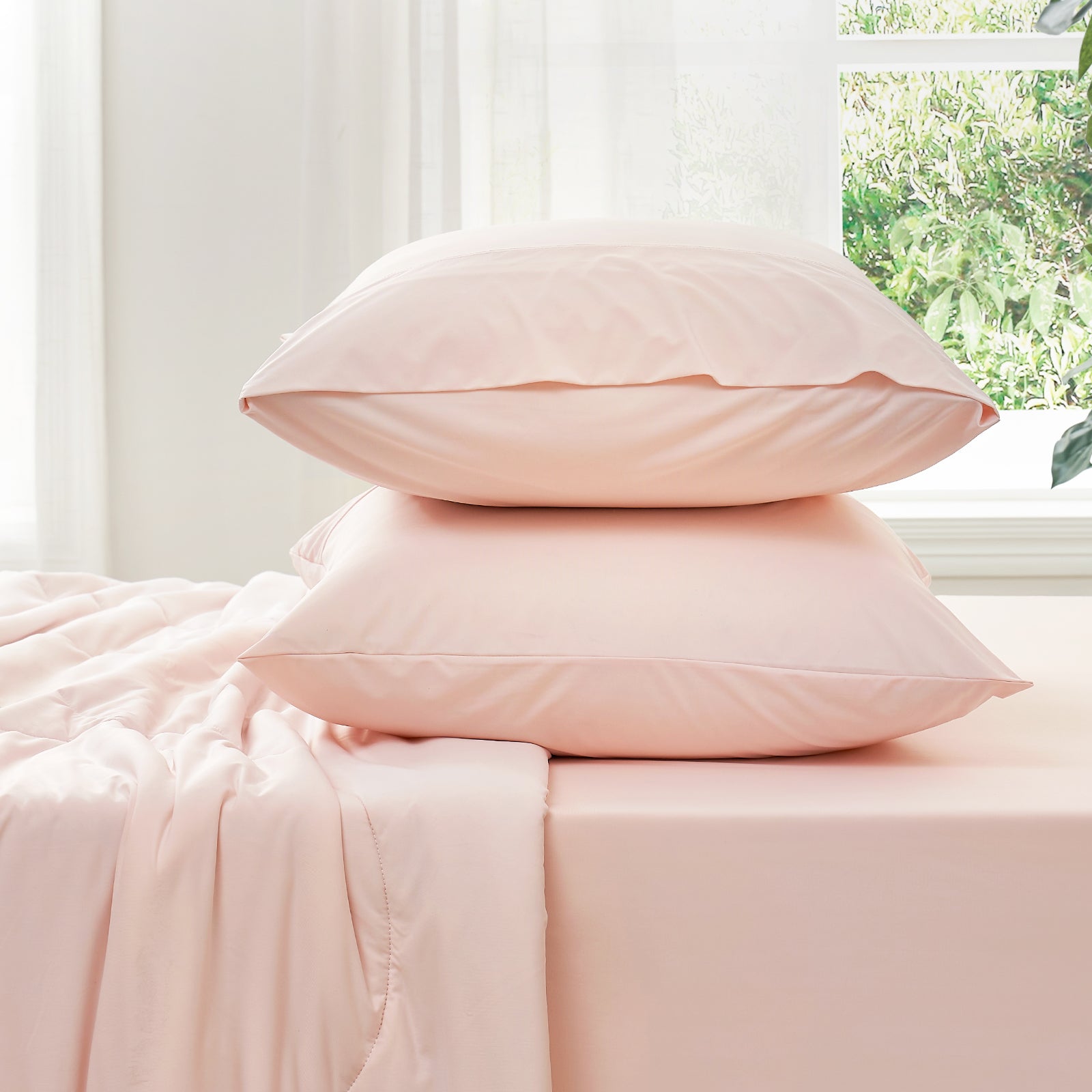 Blush pink cooling fitted sheet set with pillowcases, ultra-soft and breathable cozy bedding. #Color_Pink