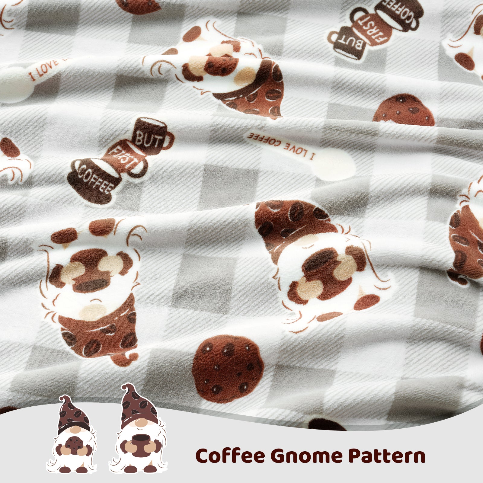 Coffee-themed fabric with gnomes and coffee-related designs on a checkered background #color_Coffee Gnome Grey
