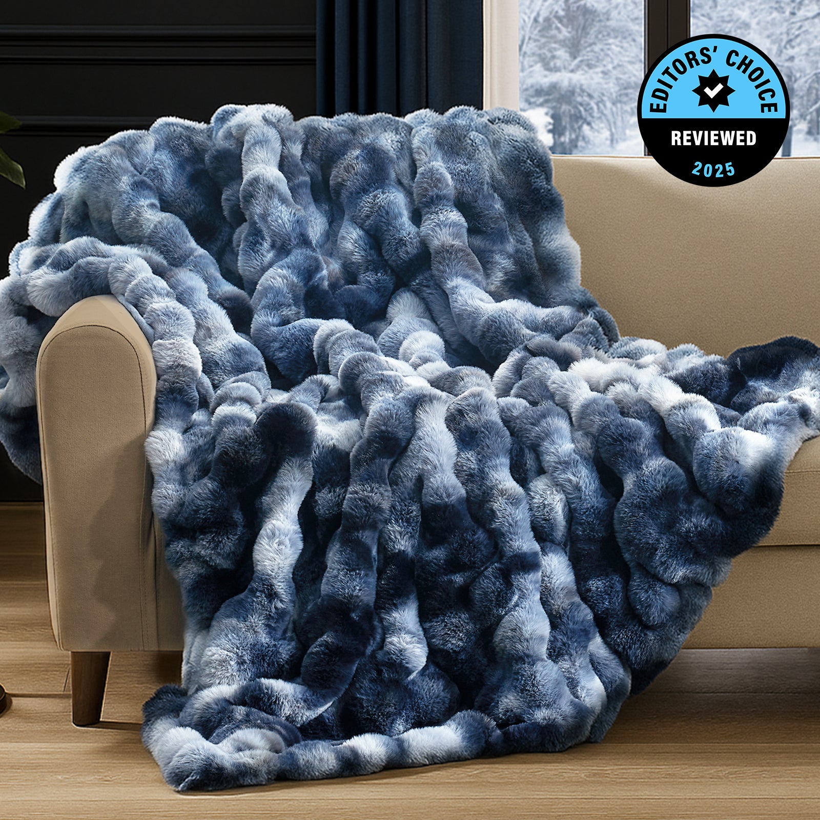Cozy Bliss Luxurious Bubble Faux Fur Throw Blanket in tie-dye blue front view #color_Tie-dye Blue